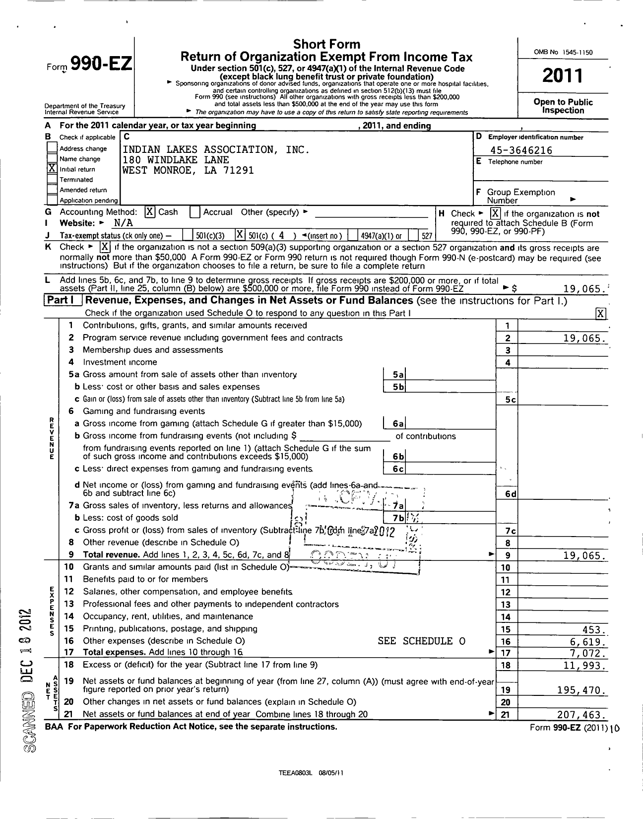 Image of first page of 2011 Form 990EO for Indian Lakes Association