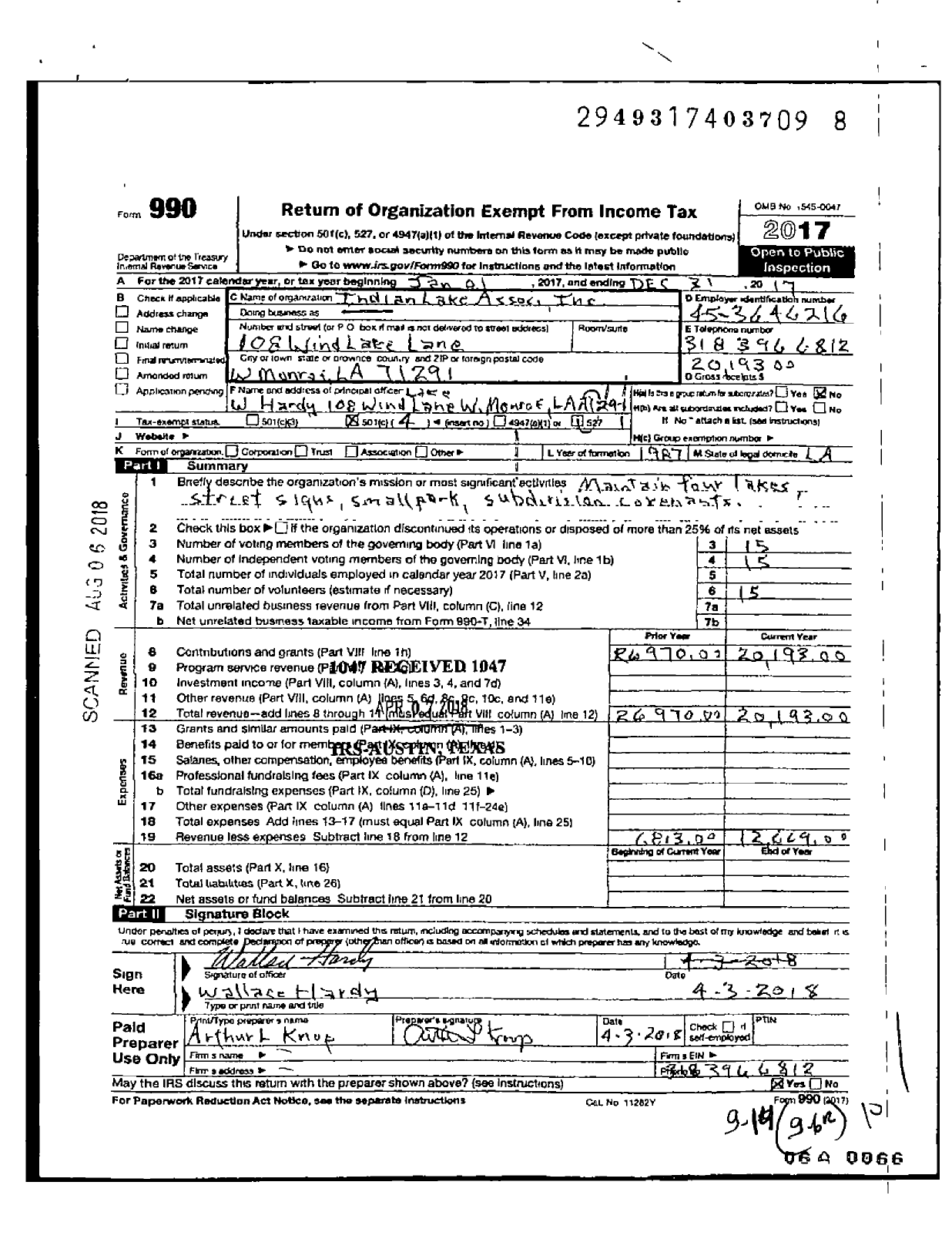 Image of first page of 2017 Form 990O for Indian Lakes Association