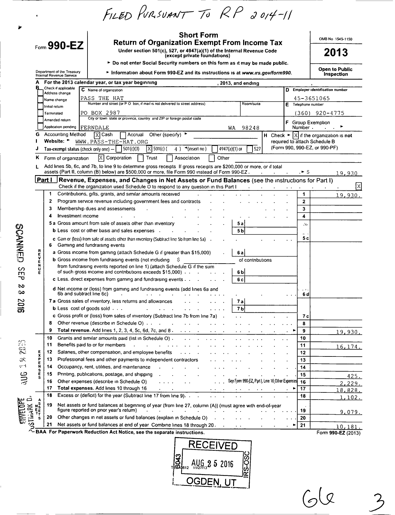 Image of first page of 2013 Form 990EO for Pass the Hat