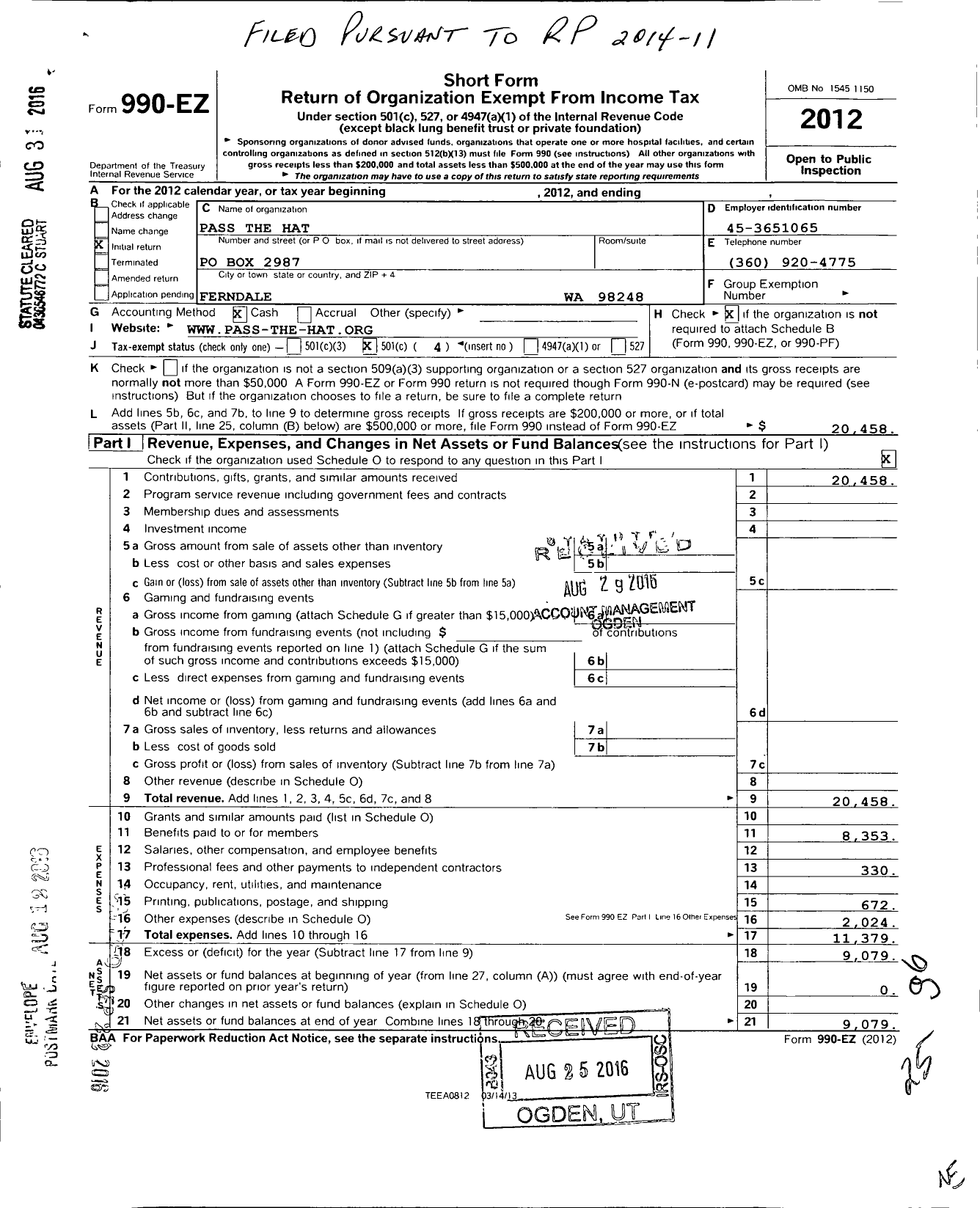 Image of first page of 2012 Form 990EO for Pass the Hat