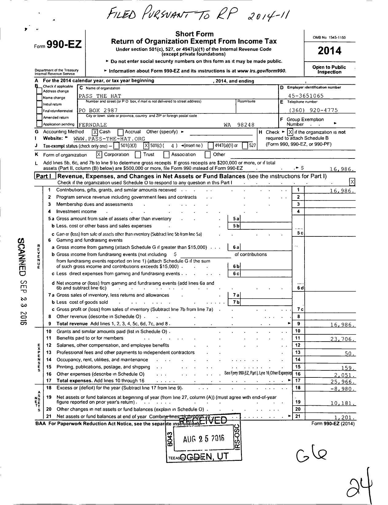 Image of first page of 2014 Form 990EO for Pass the Hat