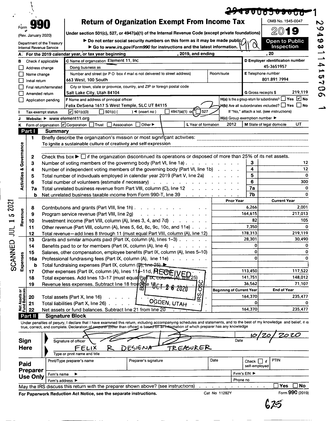 Image of first page of 2019 Form 990 for Element 11