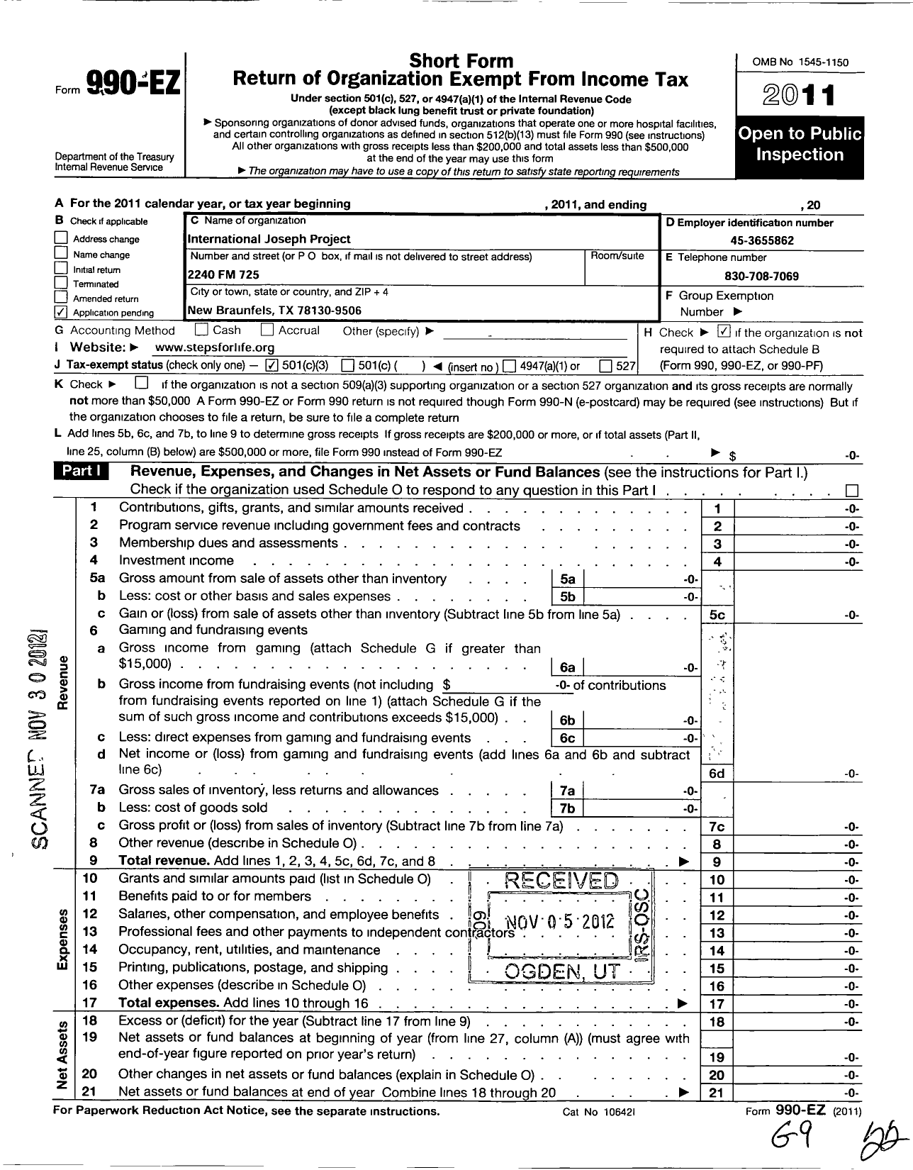 Image of first page of 2011 Form 990EZ for Steps for Life