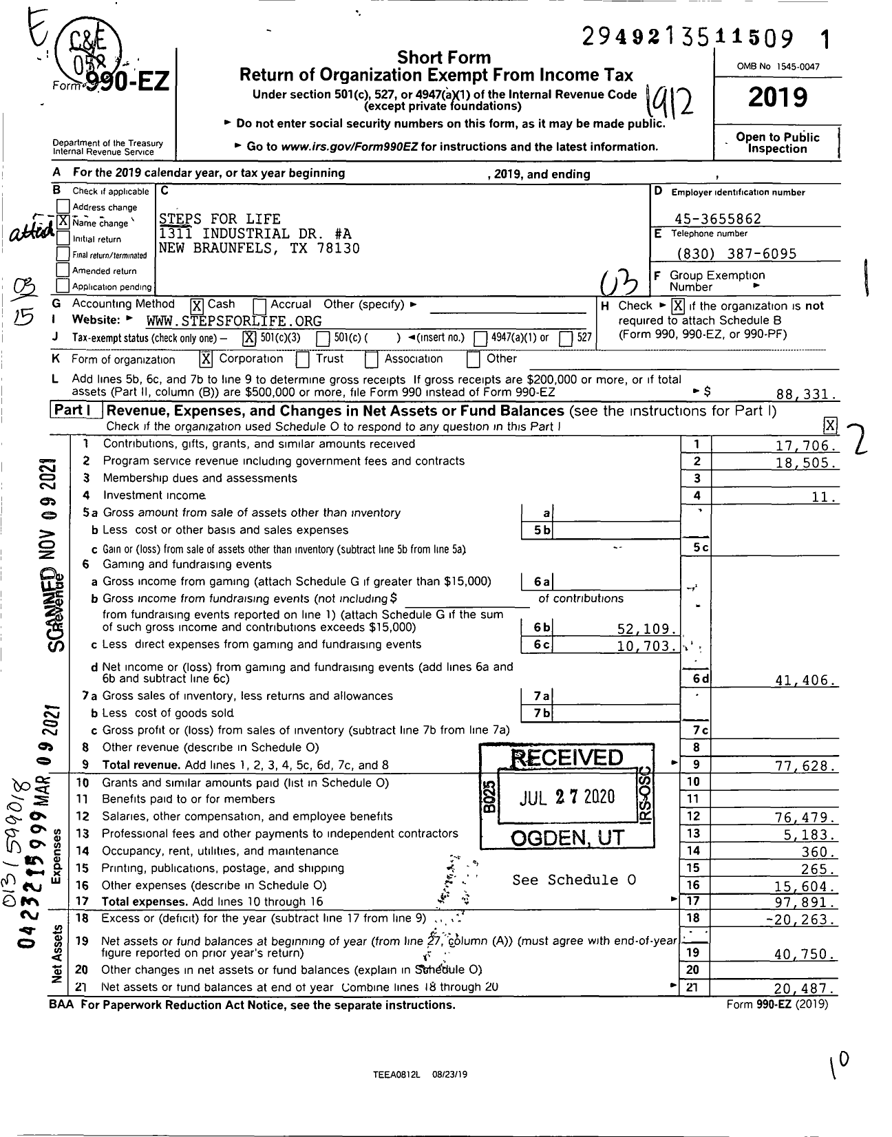 Image of first page of 2019 Form 990EZ for Steps for Life