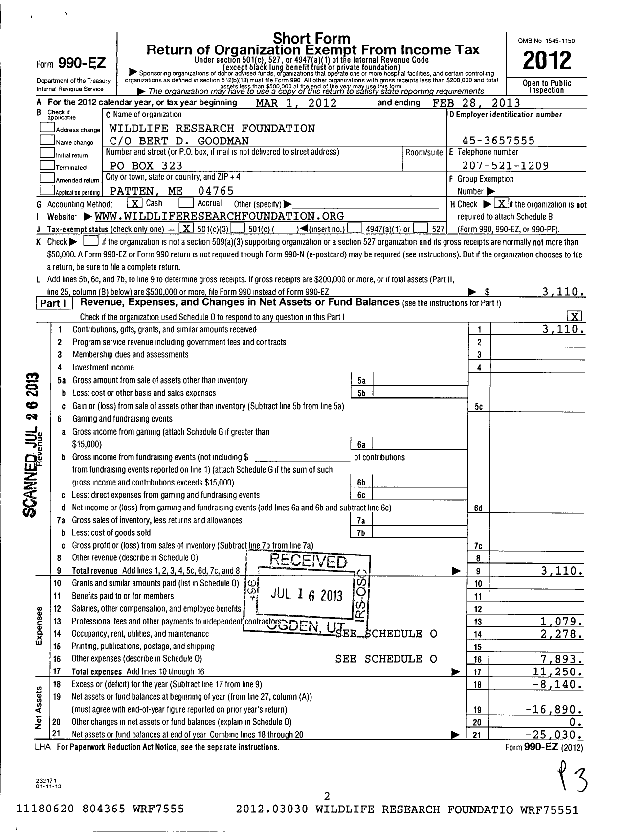 Image of first page of 2012 Form 990EZ for Wildlife Research Foundation