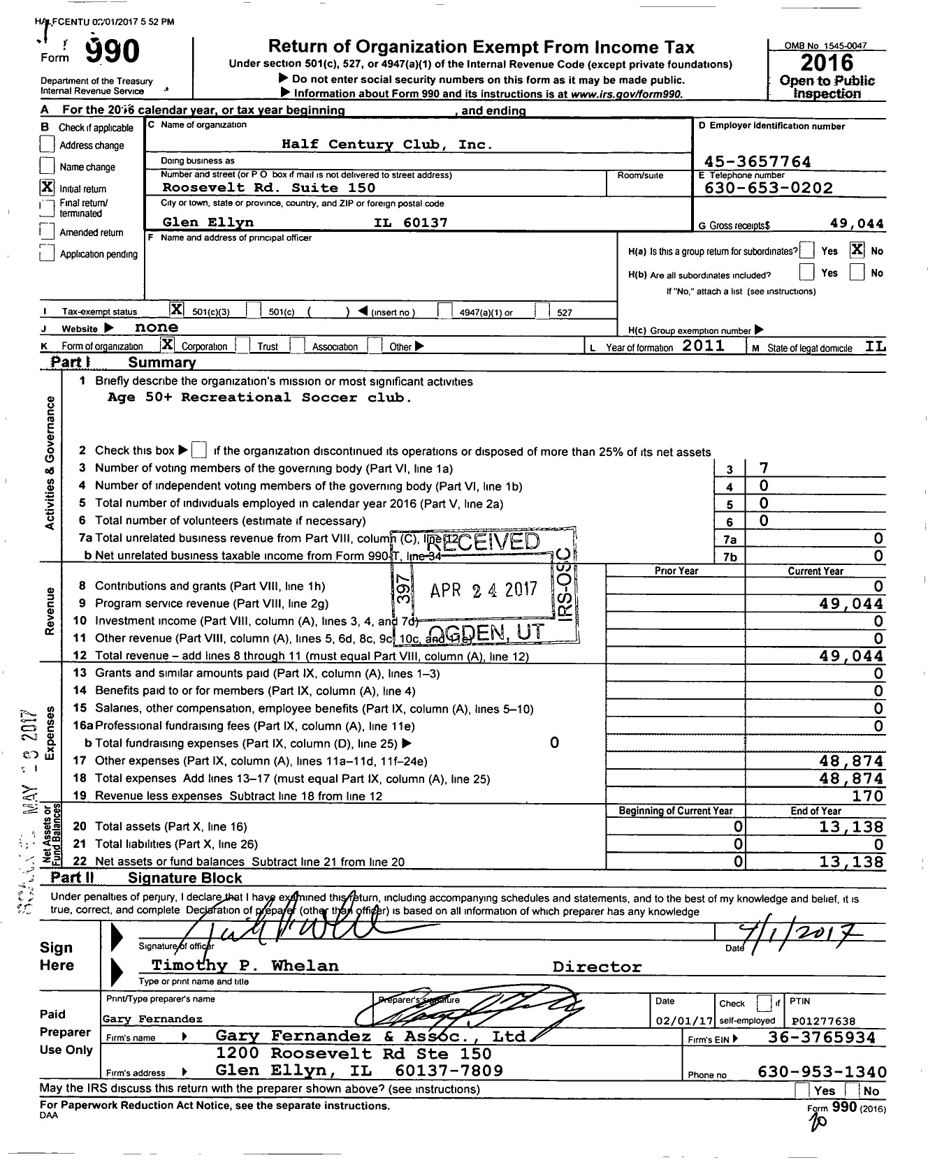 Image of first page of 2016 Form 990 for Half Centruy Club