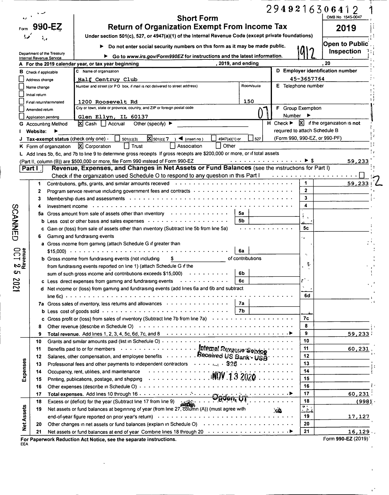 Image of first page of 2019 Form 990EO for Half Centruy Club