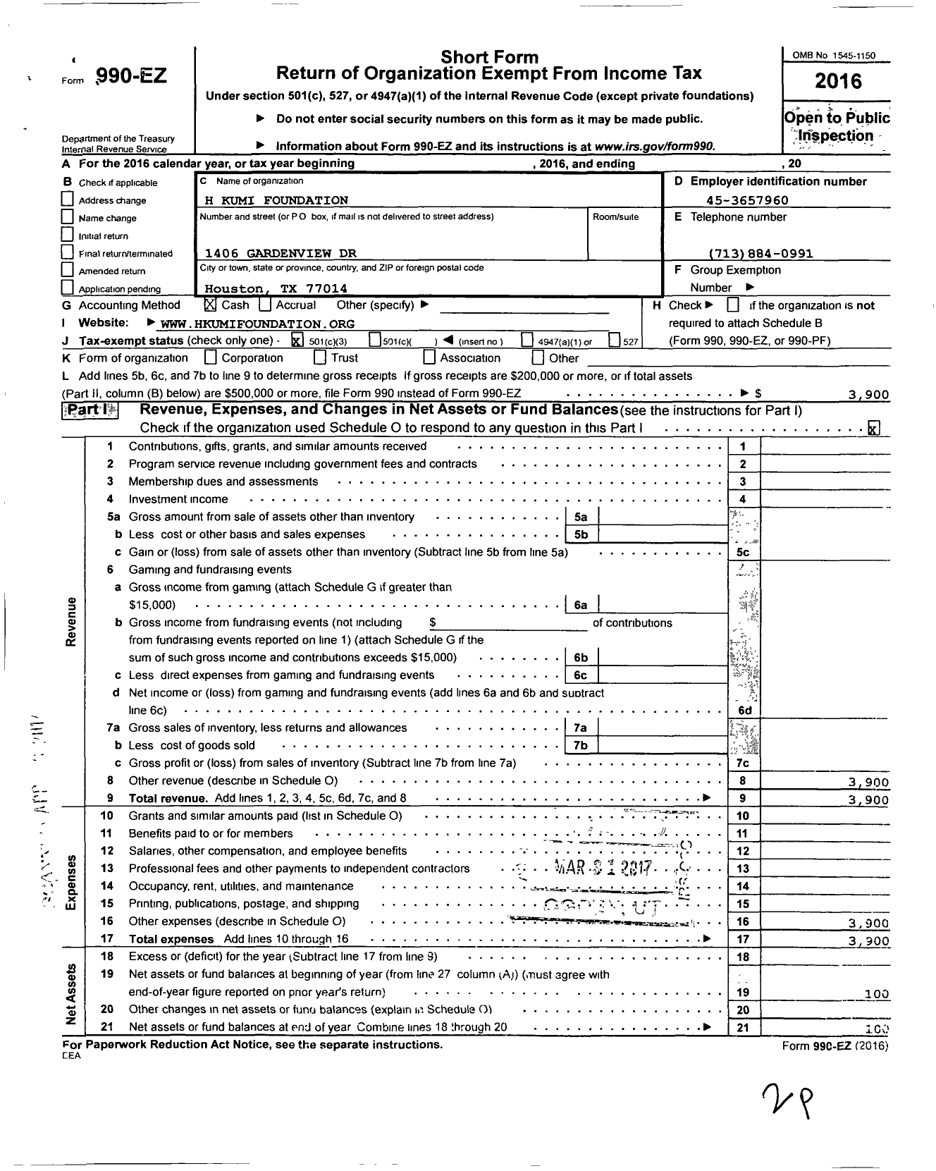 Image of first page of 2016 Form 990EZ for H Kumi Foundation