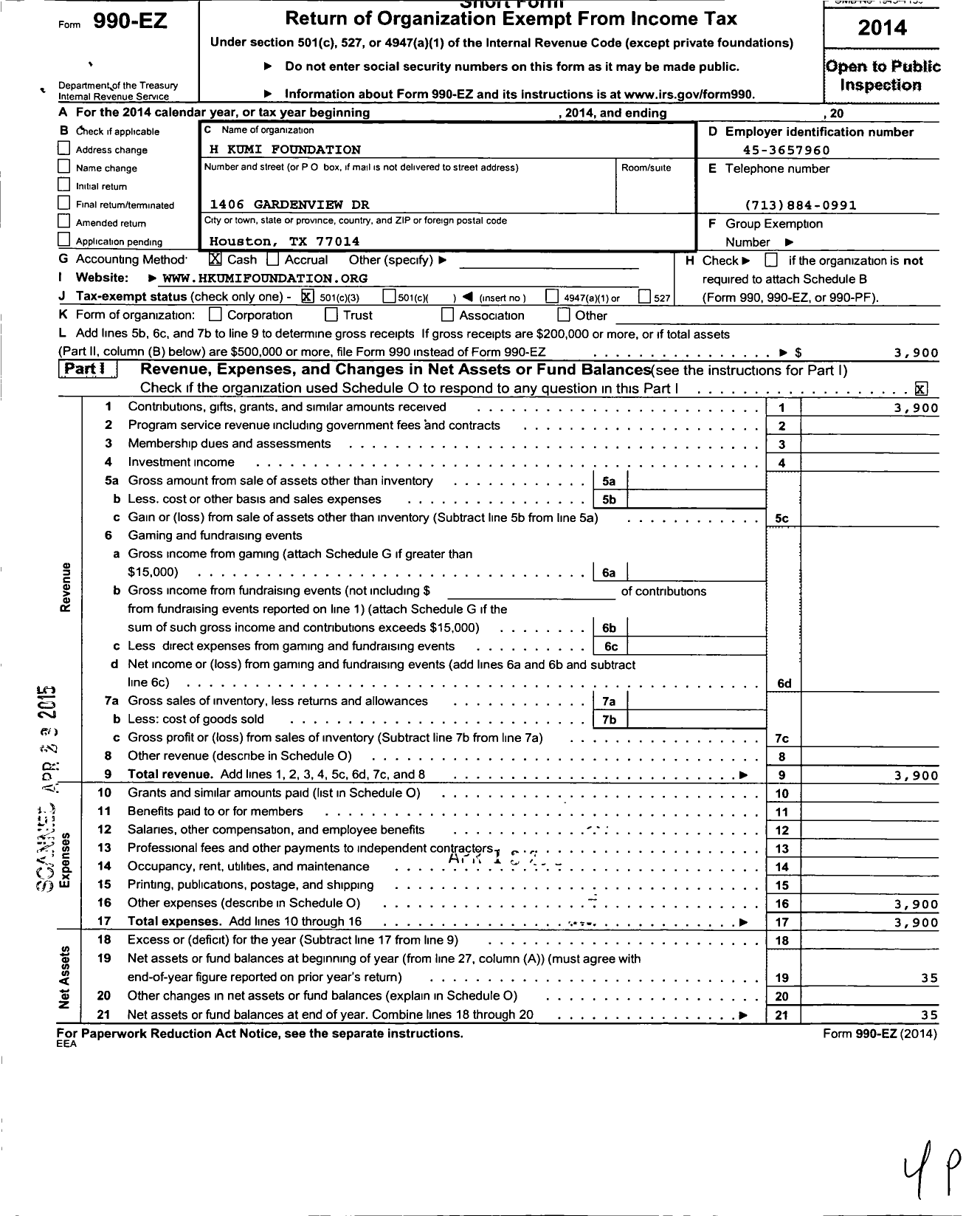 Image of first page of 2014 Form 990EZ for H Kumi Foundation