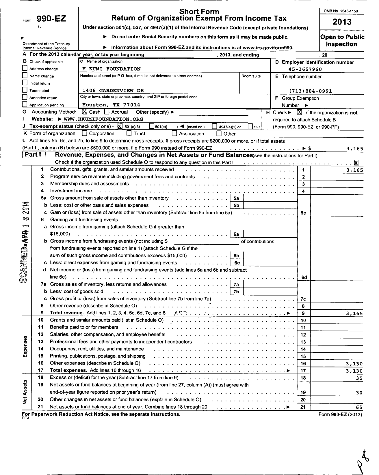 Image of first page of 2013 Form 990EZ for H Kumi Foundation