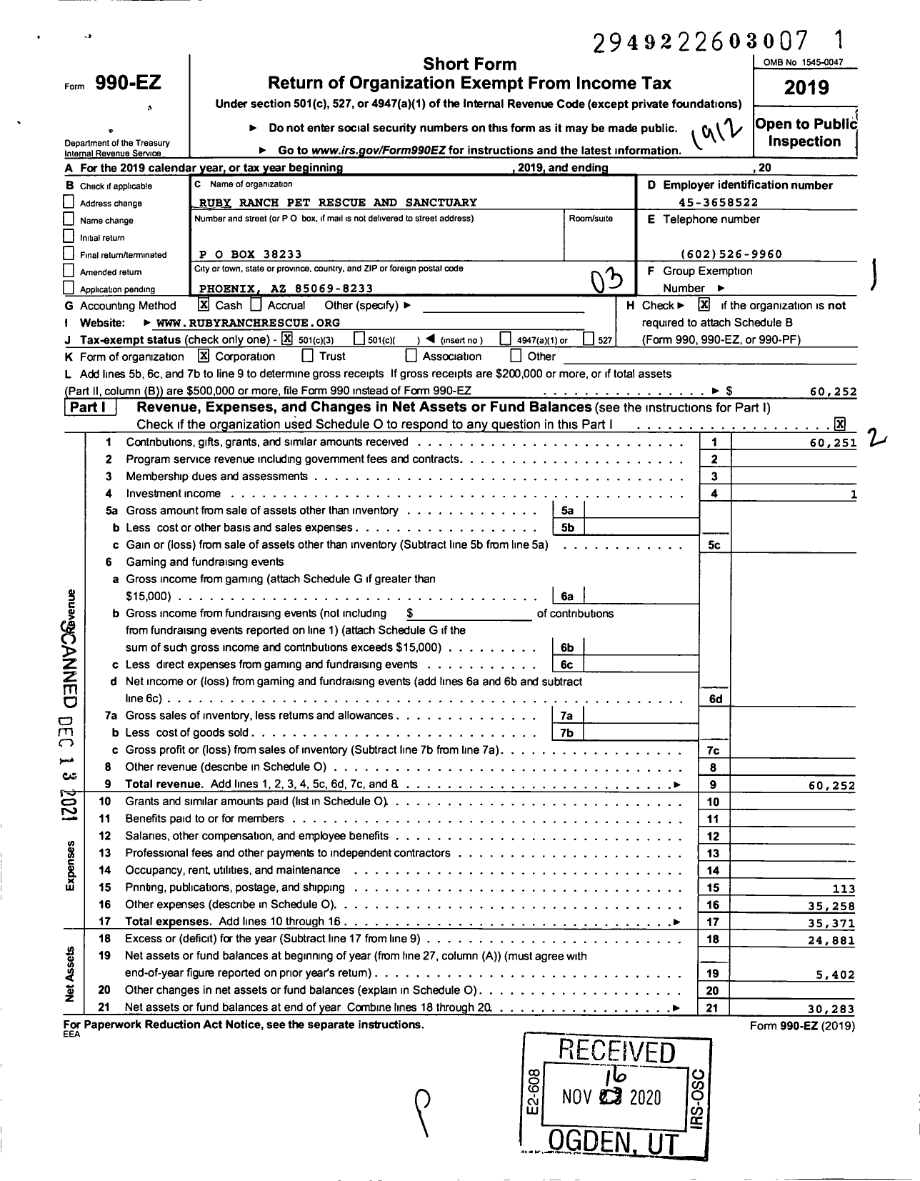 Image of first page of 2019 Form 990EZ for Ruby Ranch Pet Rescue and Sanctuary