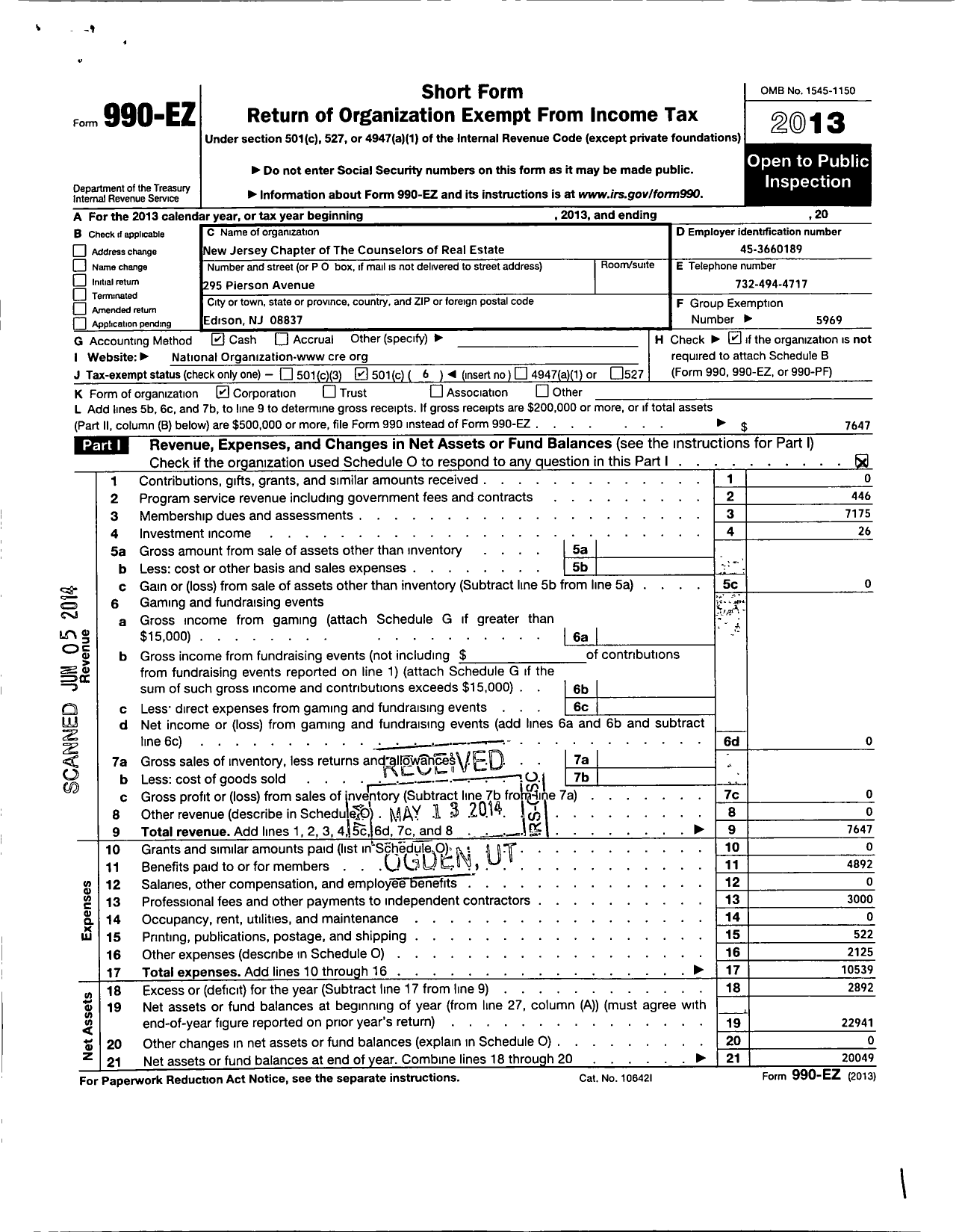 Image of first page of 2013 Form 990EO for Counselors of Real Estate / New Jersey Chapter