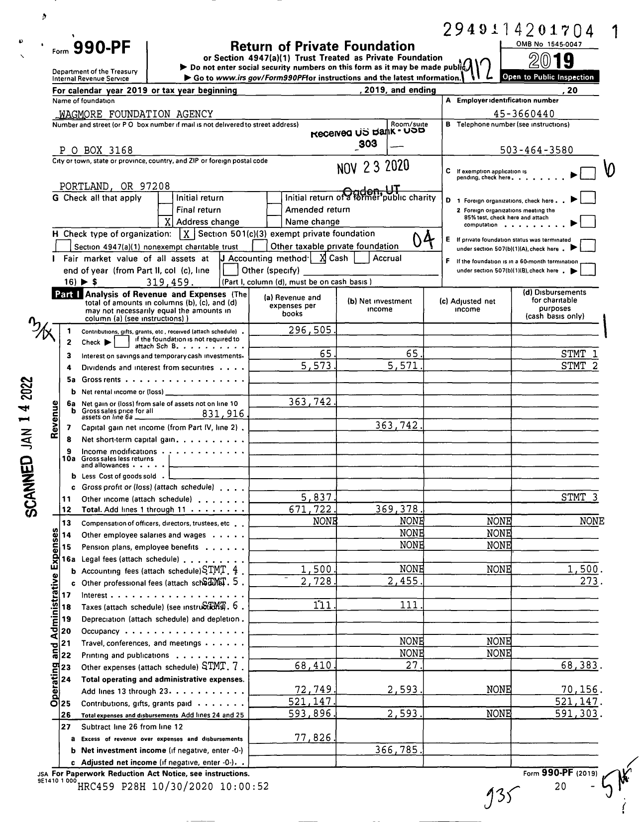 Image of first page of 2019 Form 990PF for Wagmore Foundation Agency