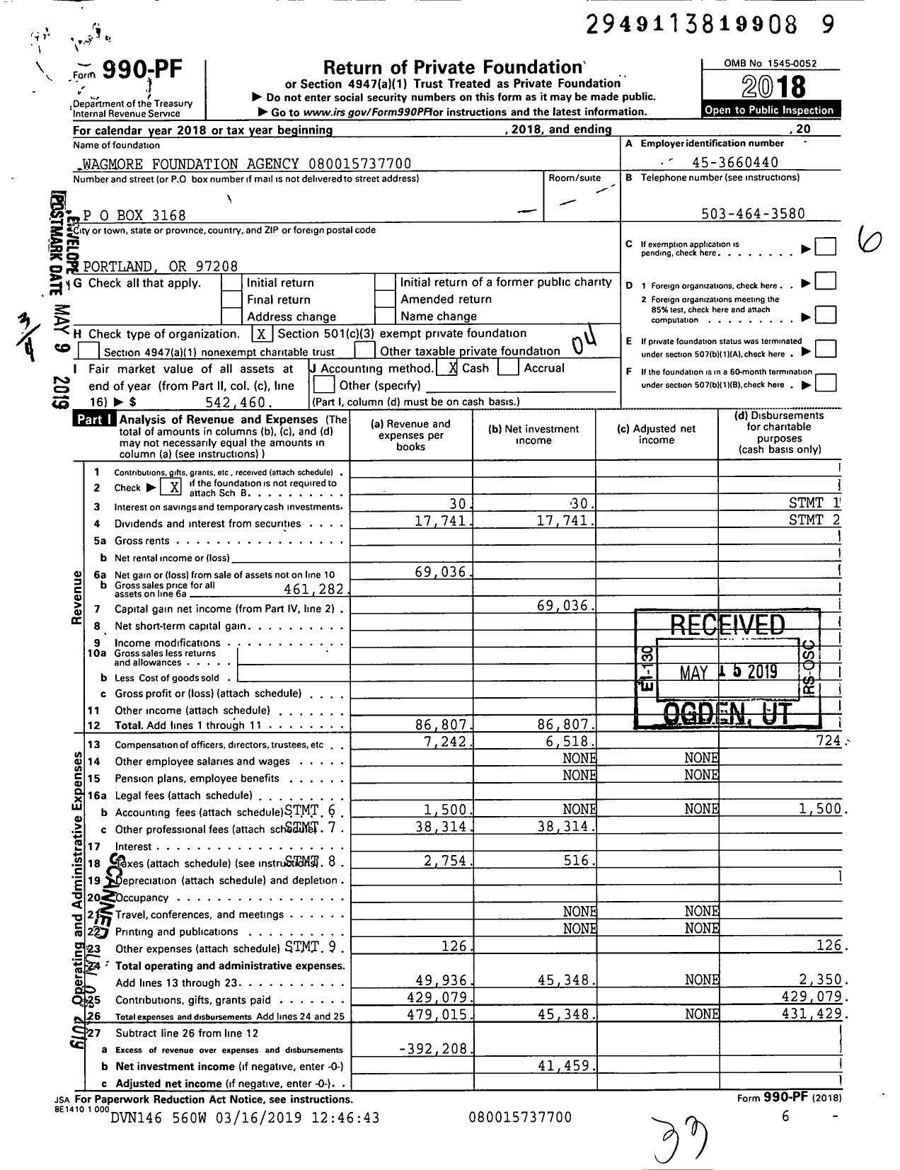 Image of first page of 2018 Form 990PF for Wagmore Foundation Agency