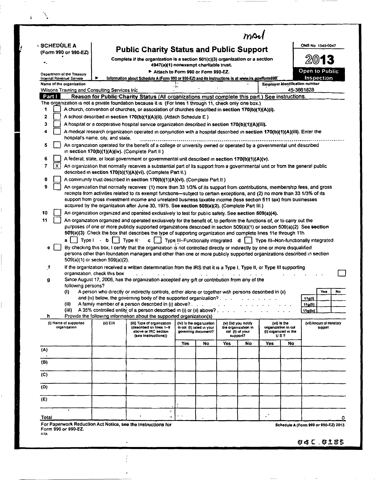 Image of first page of 2013 Form 990ER for Wilsons Training and Consulting Services