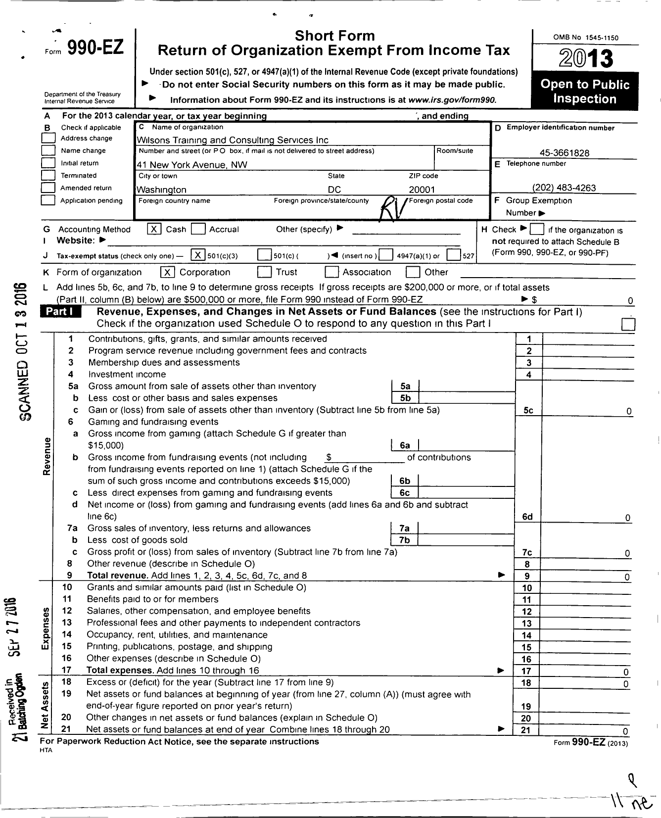 Image of first page of 2013 Form 990EZ for Wilsons Training and Consulting Services