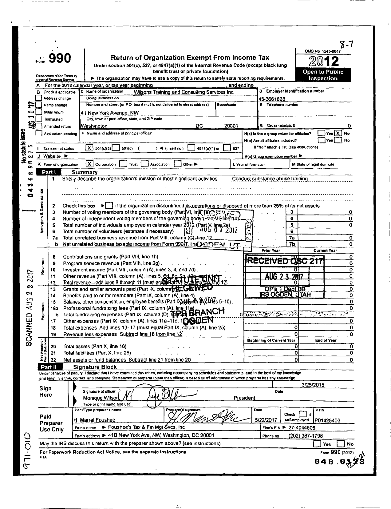 Image of first page of 2012 Form 990R for Wilsons Training and Consulting Services