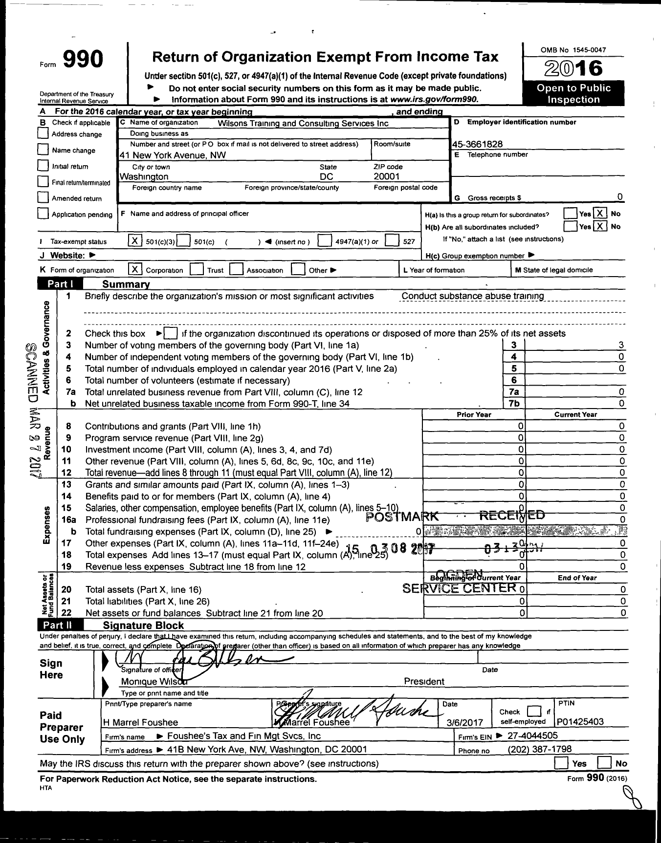 Image of first page of 2016 Form 990 for Wilsons Training and Consulting Services