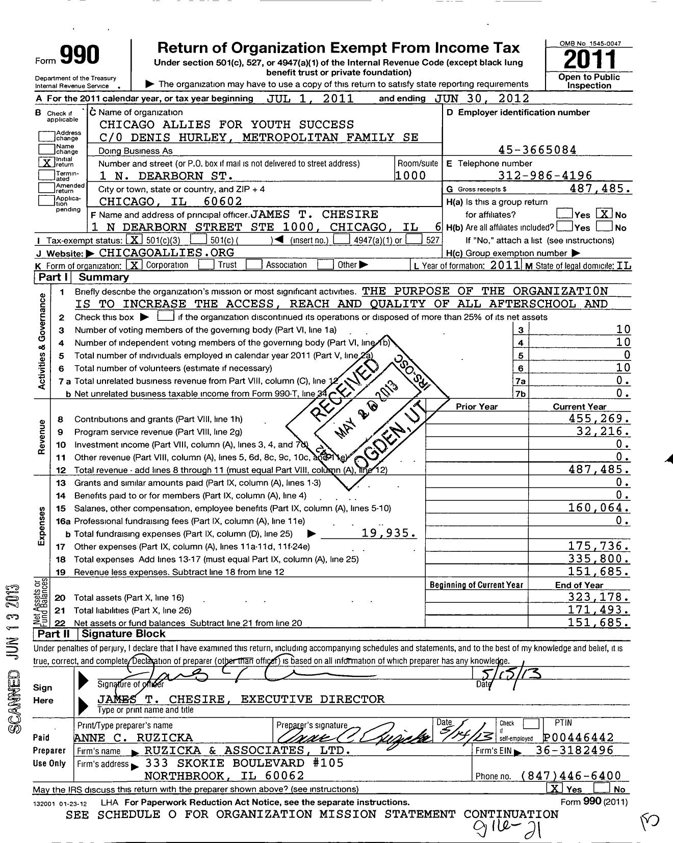 Image of first page of 2011 Form 990 for Chicago Allies for Youth Success NFP