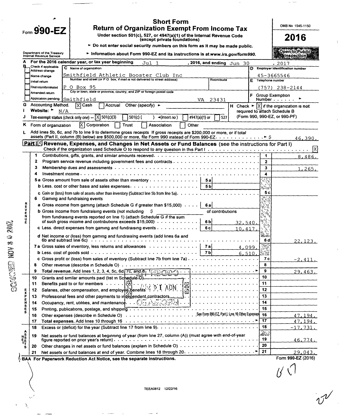 Image of first page of 2016 Form 990EZ for Smithfield Athletic Booster Club