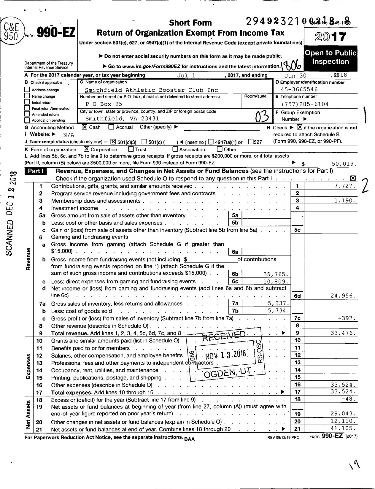 Image of first page of 2017 Form 990EZ for Smithfield Athletic Booster Club