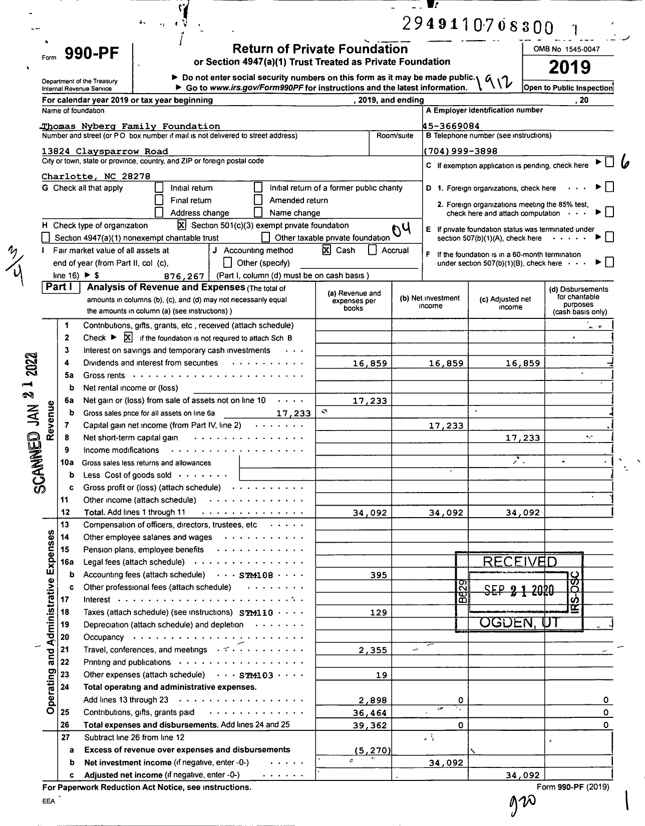 Image of first page of 2019 Form 990PF for Thomas Nyberg Family Foundation