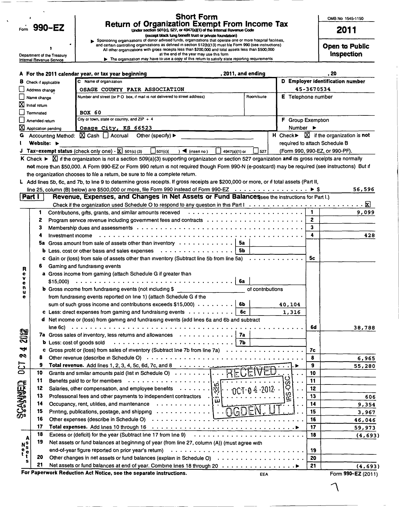 Image of first page of 2011 Form 990EZ for Osage County Fair Association