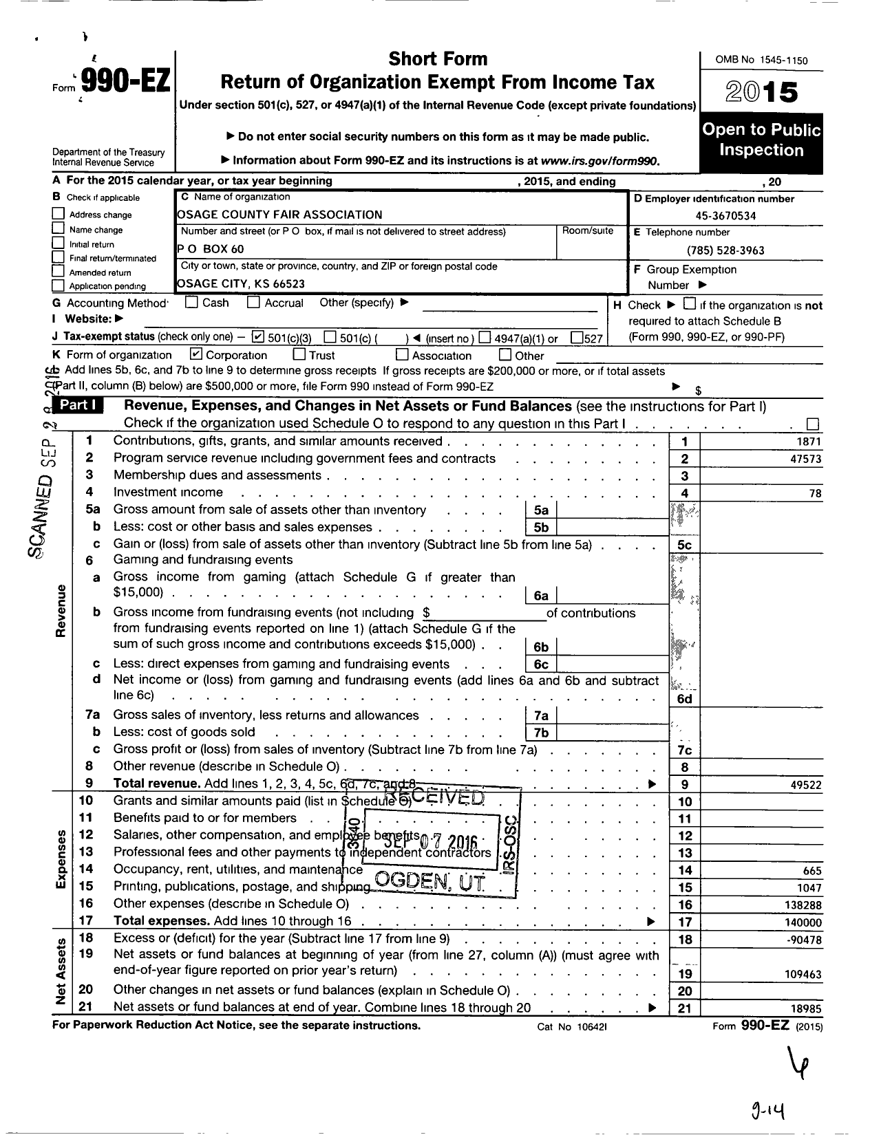 Image of first page of 2015 Form 990EZ for Osage County Fair Association