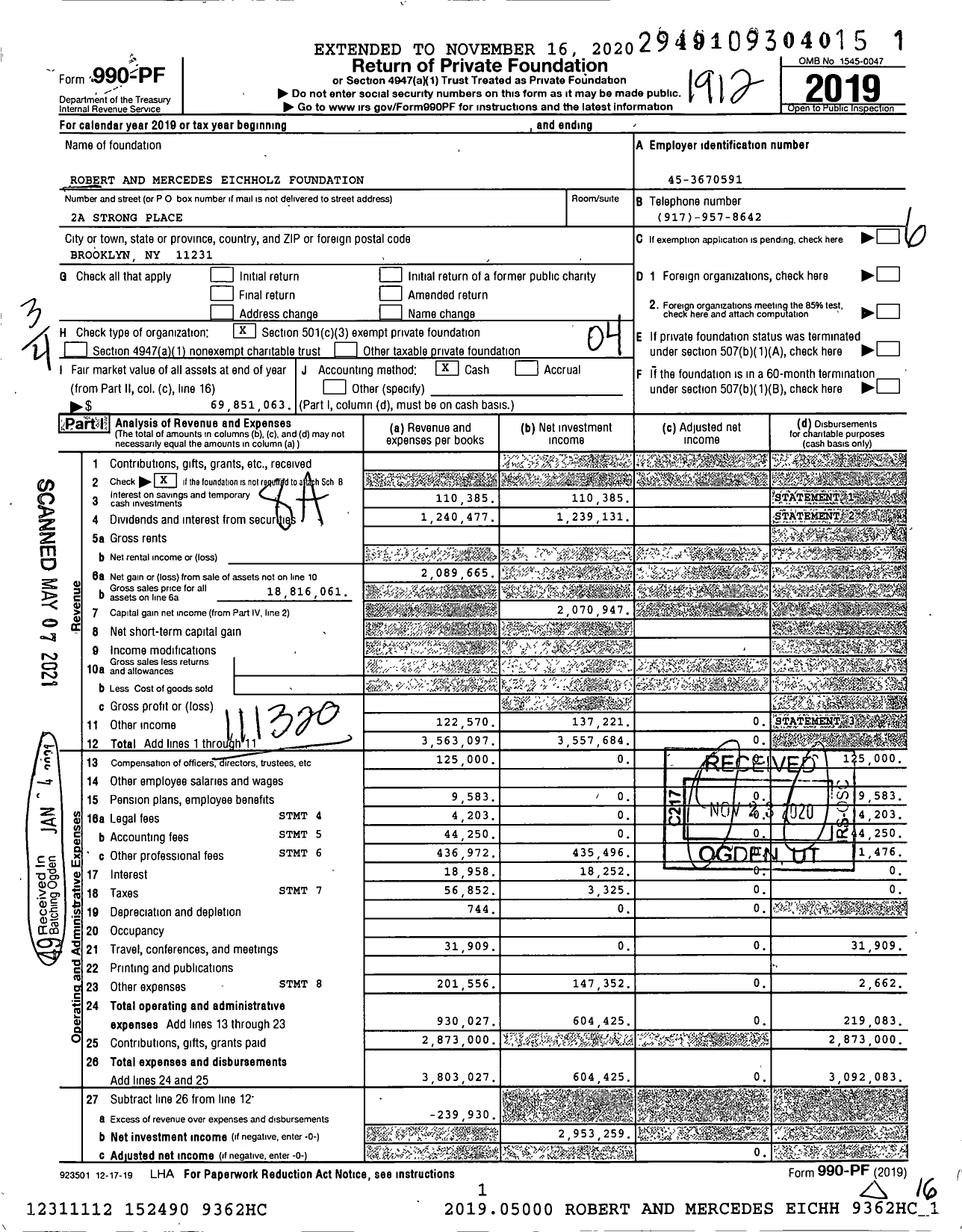 Image of first page of 2019 Form 990PF for Robert and Mercedes Eichholz Foundation