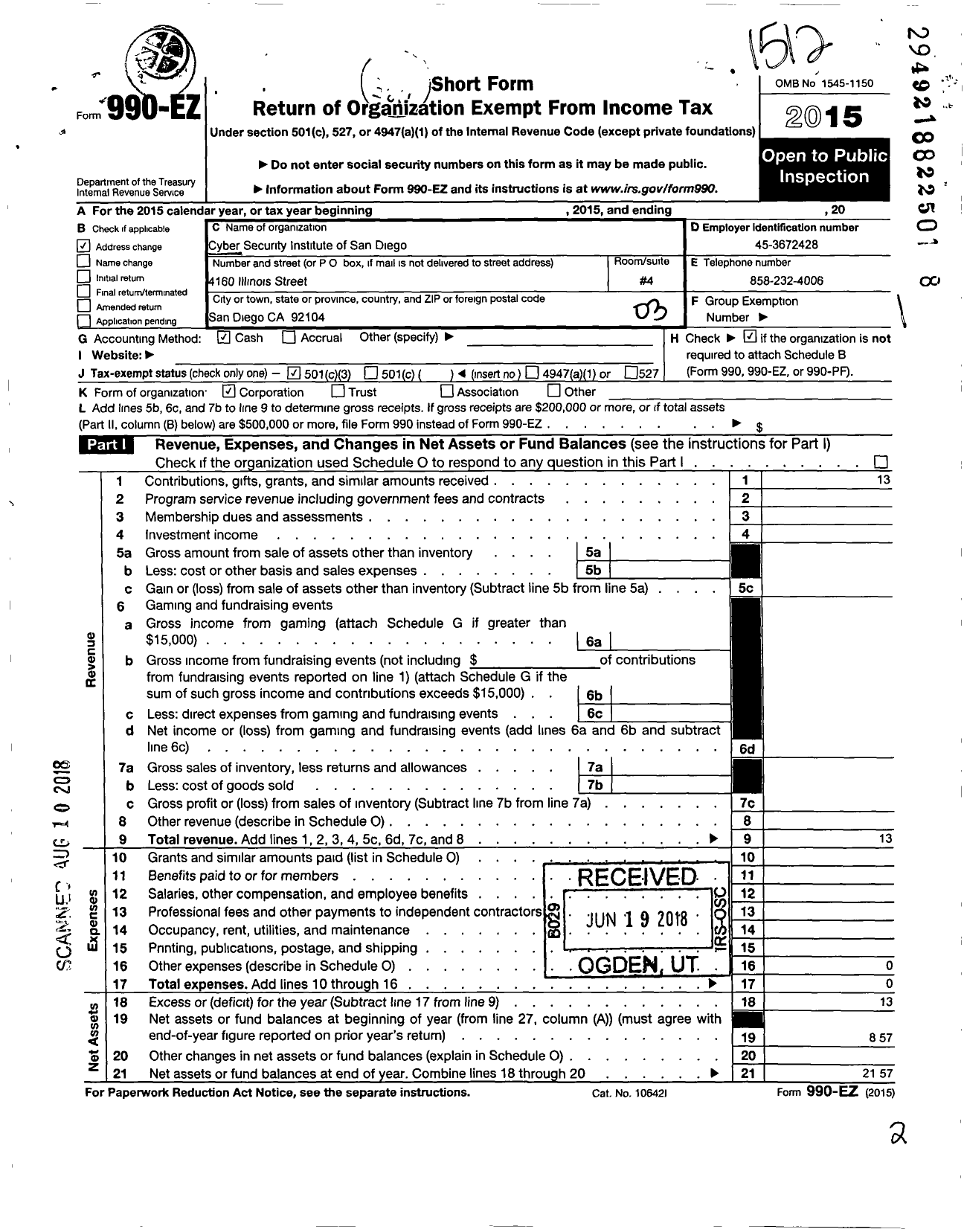 Image of first page of 2015 Form 990EZ for Cyber Security Institute of San Diego