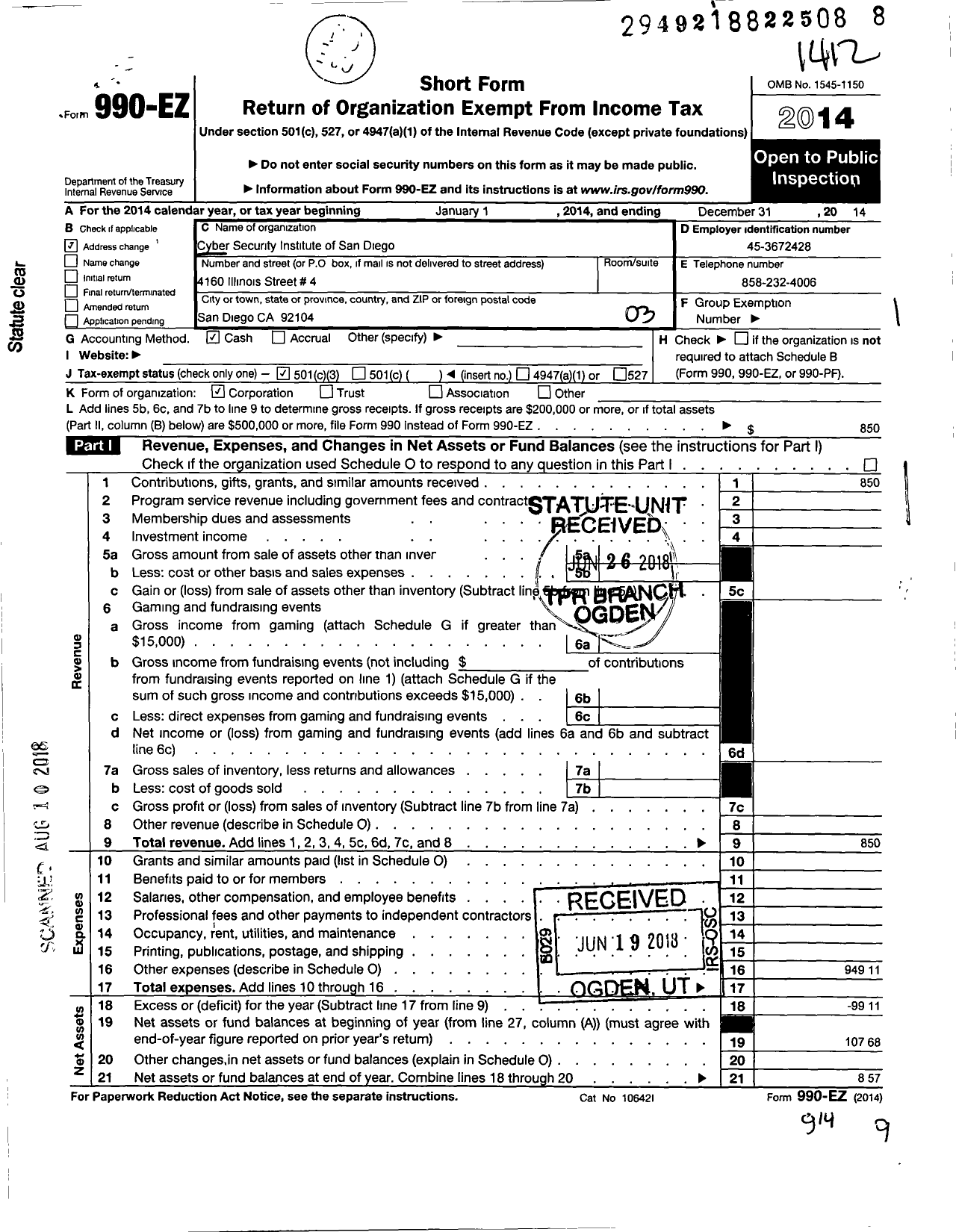 Image of first page of 2014 Form 990EZ for Cyber Security Institute of San Diego