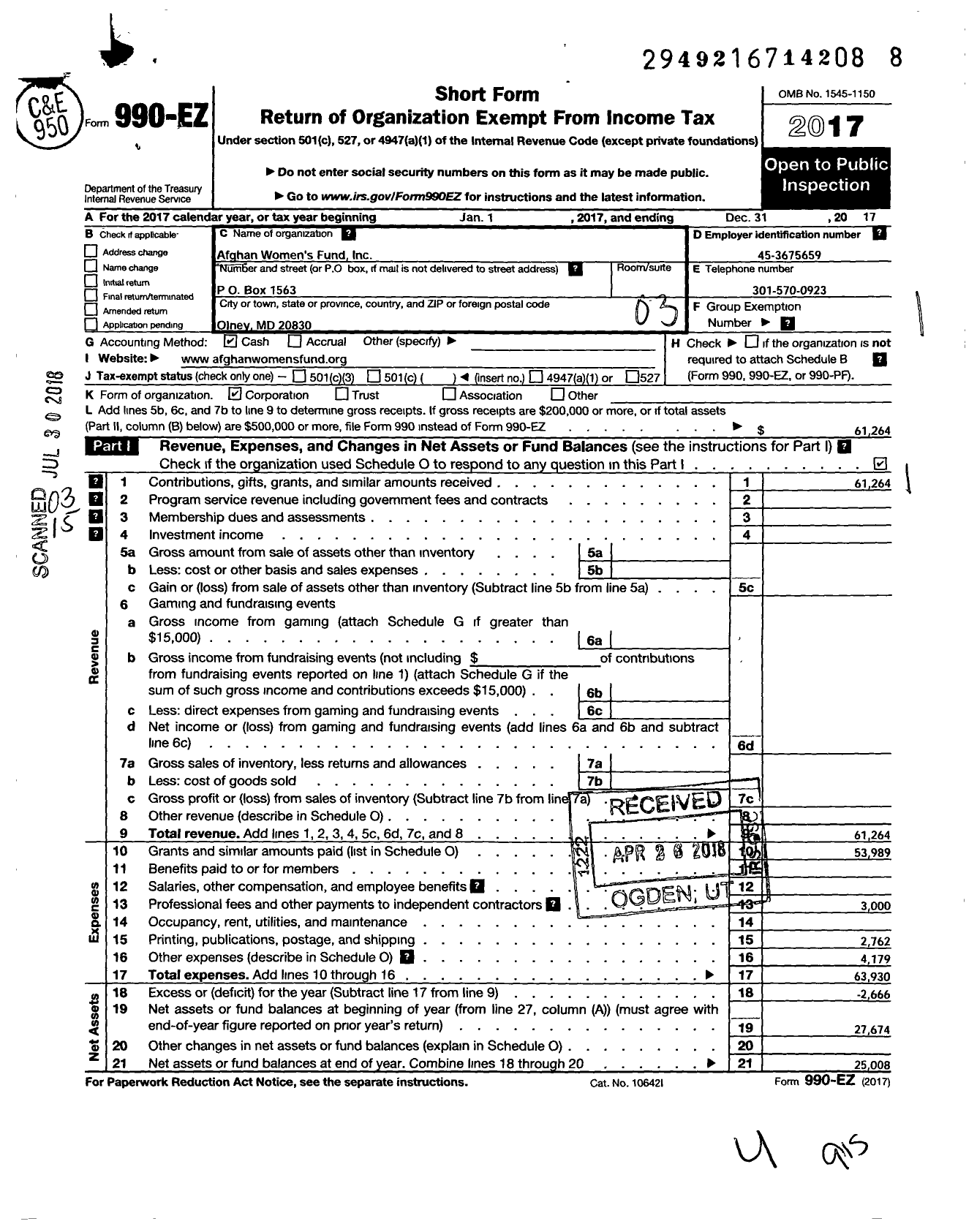 Image of first page of 2017 Form 990EZ for Afghan Womens Fund