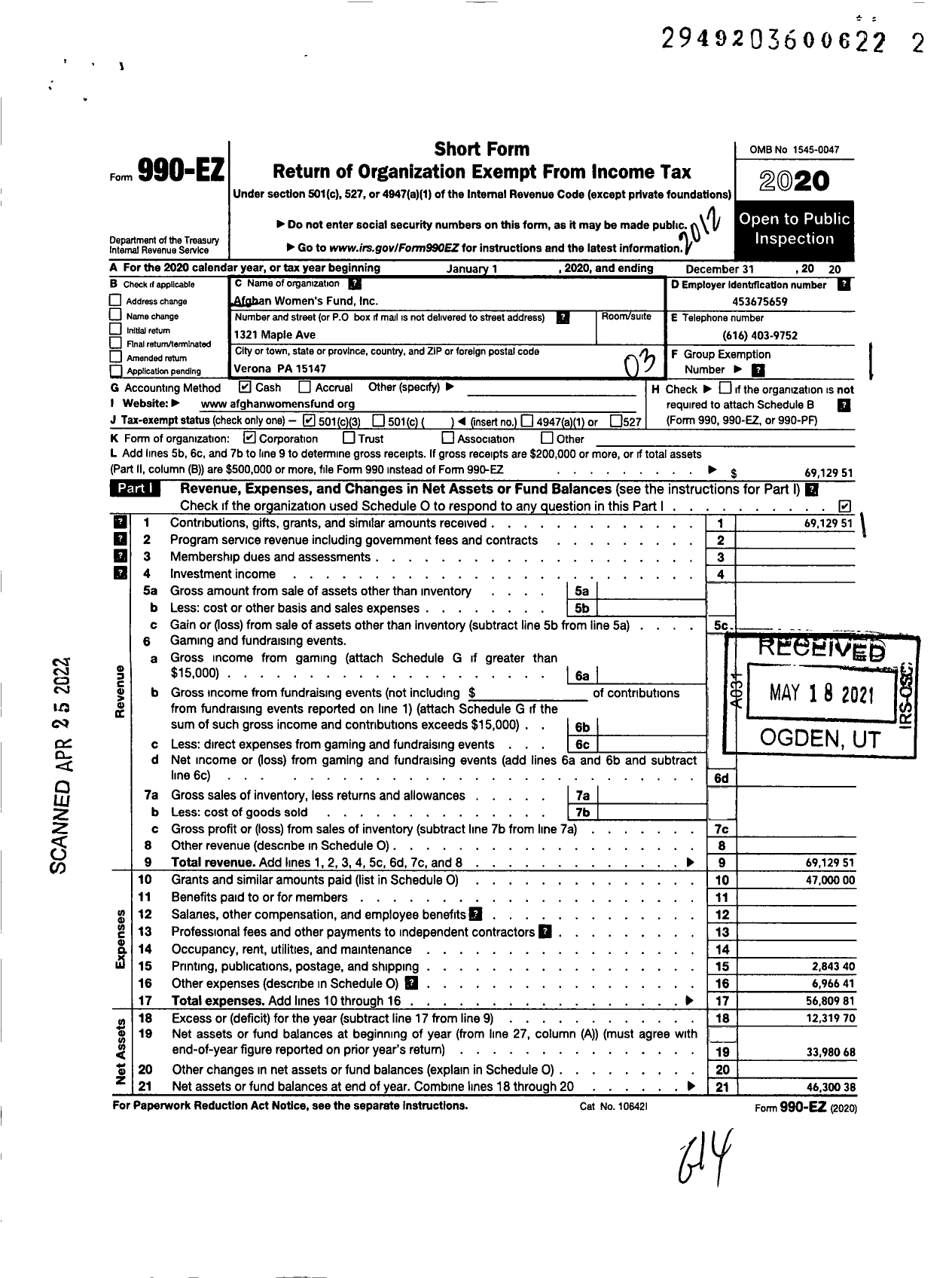 Image of first page of 2020 Form 990EZ for Afghan Womens Fund