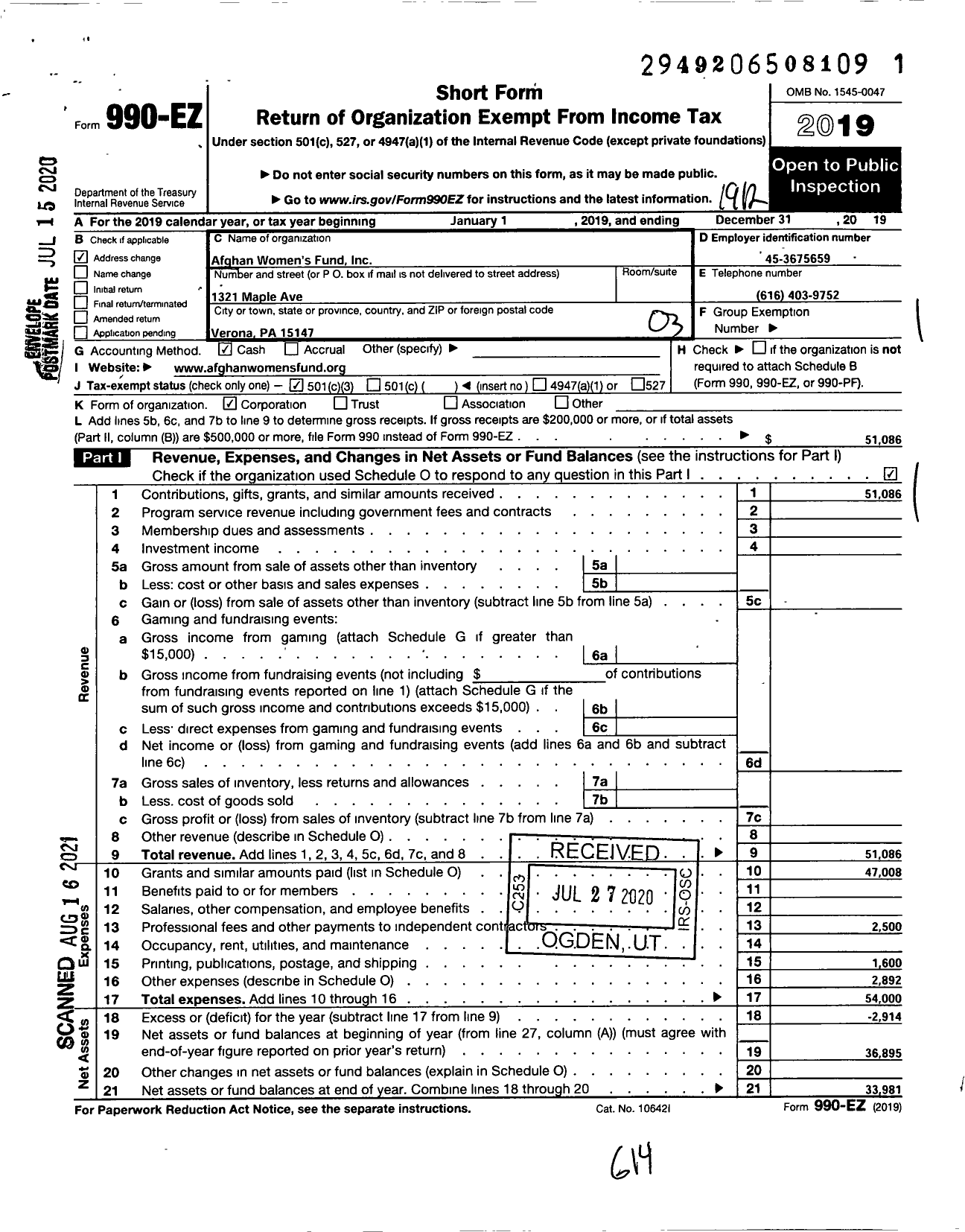 Image of first page of 2019 Form 990EZ for Afghan Womens Fund