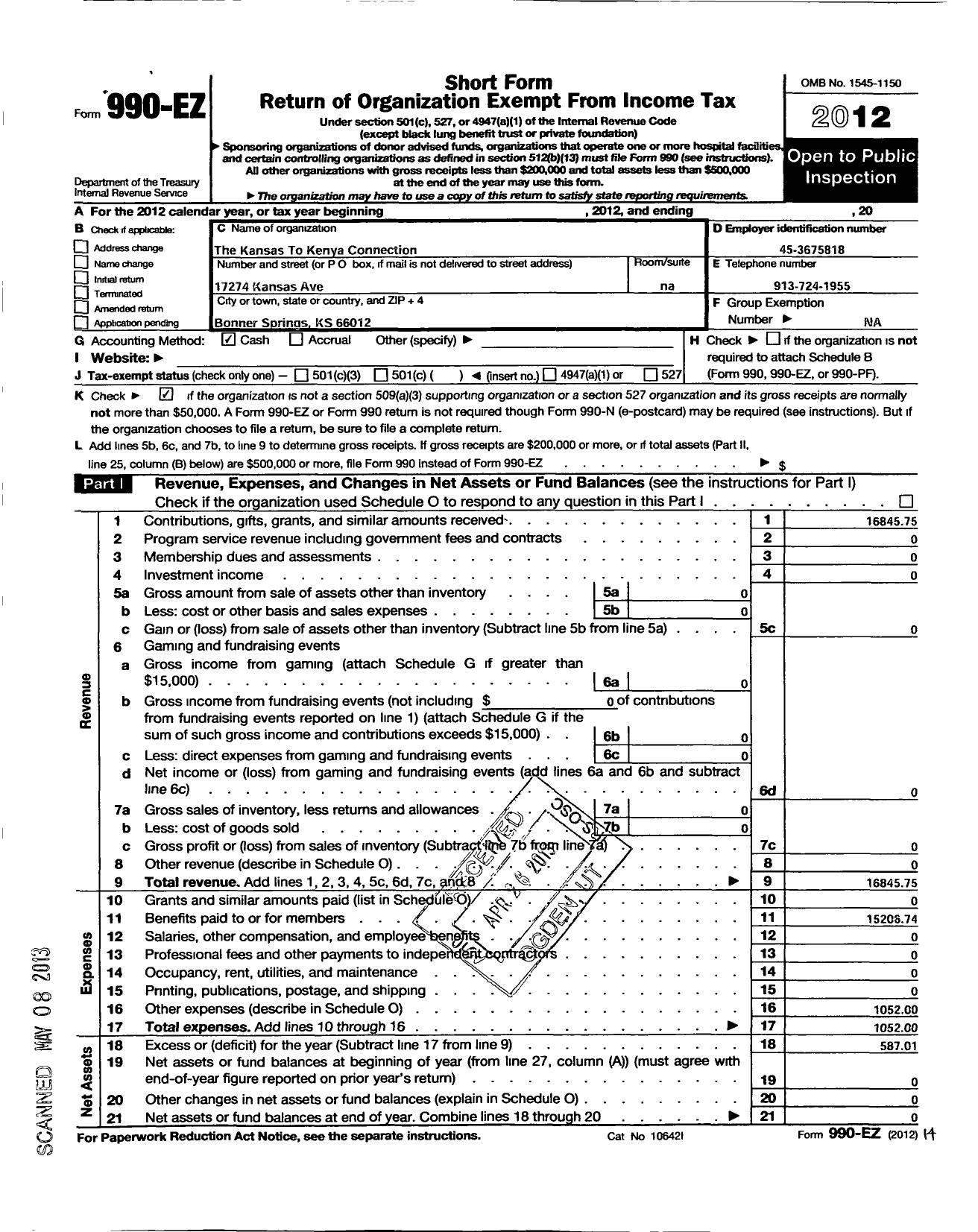 Image of first page of 2012 Form 990EO for Kansas To Kenya Connection