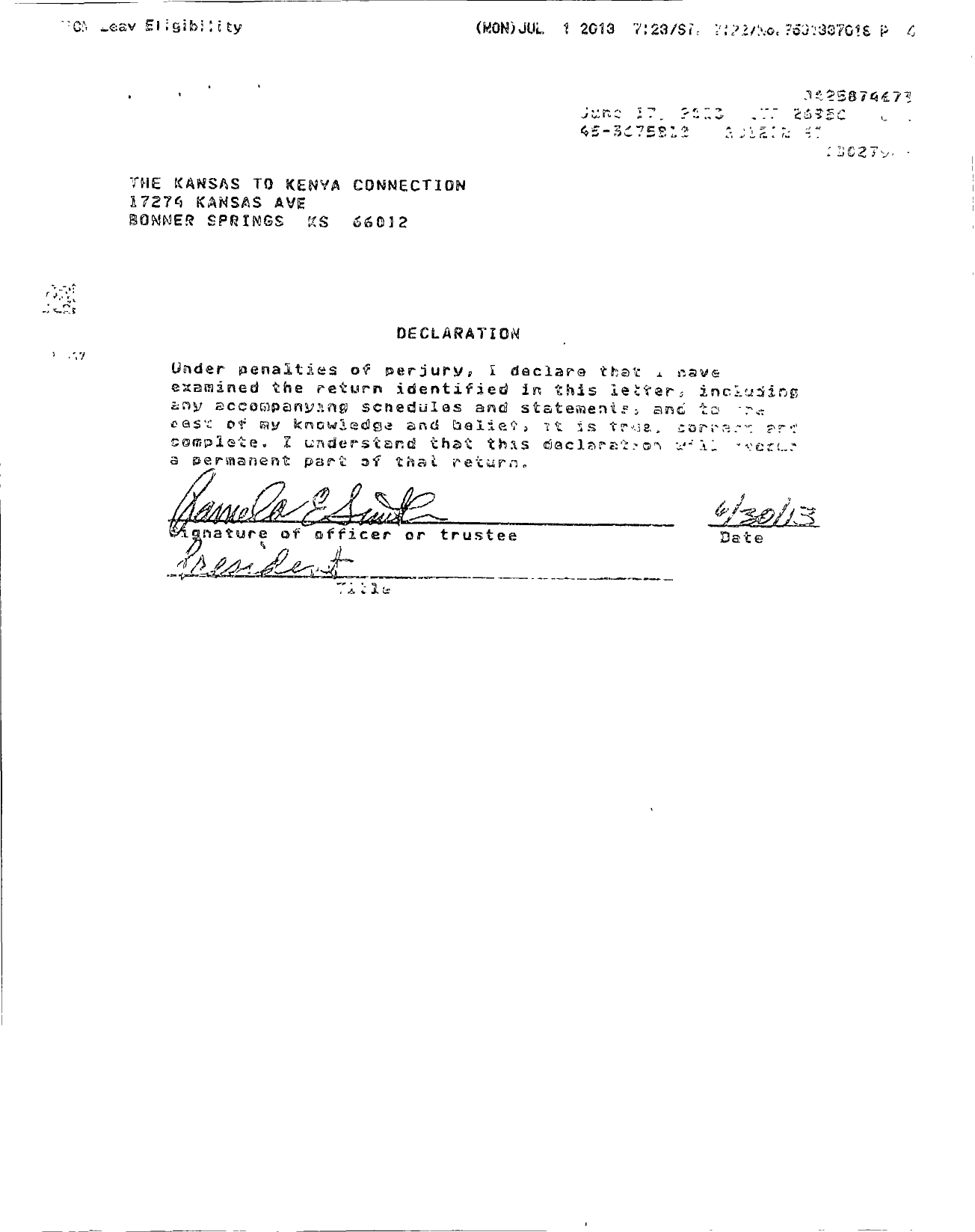 Image of first page of 2012 Form 990EOR for Kansas To Kenya Connection