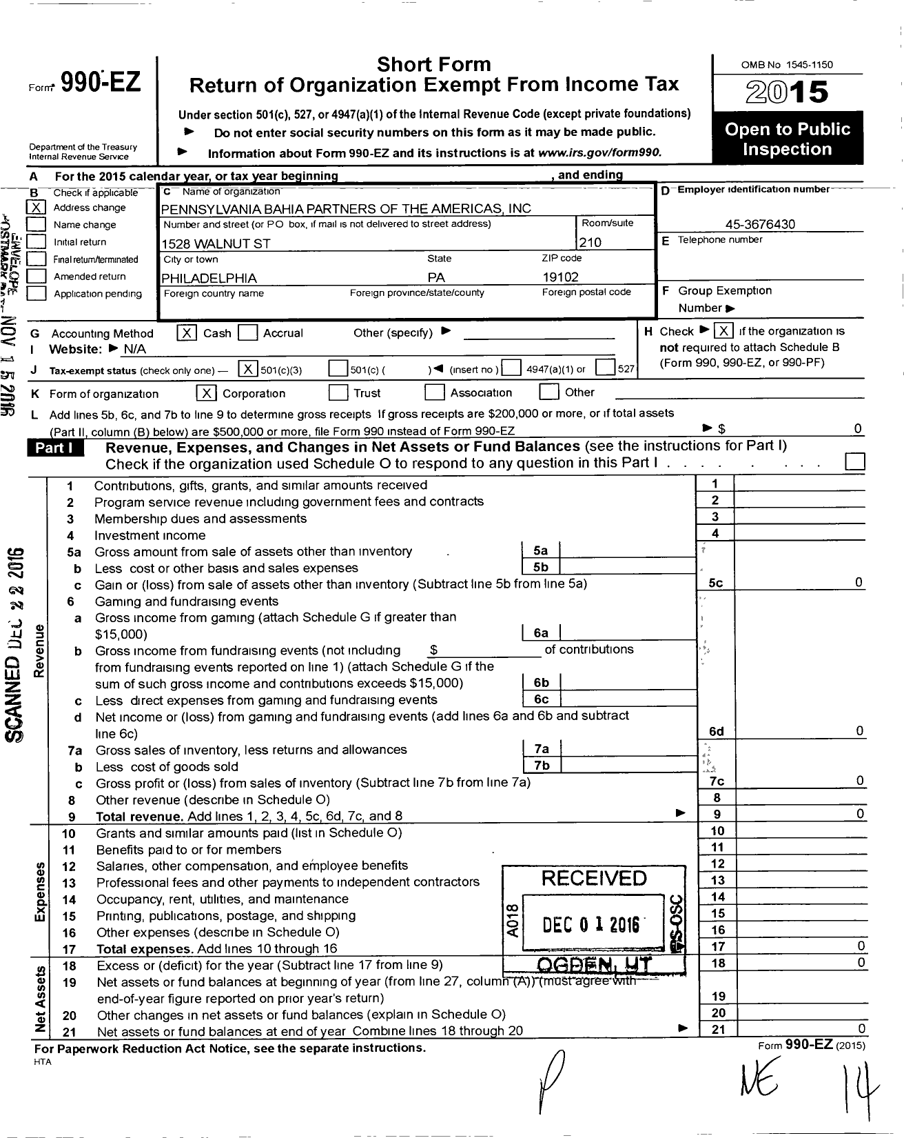 Image of first page of 2015 Form 990EZ for Pennsylvania Bahia Partners of the Americas