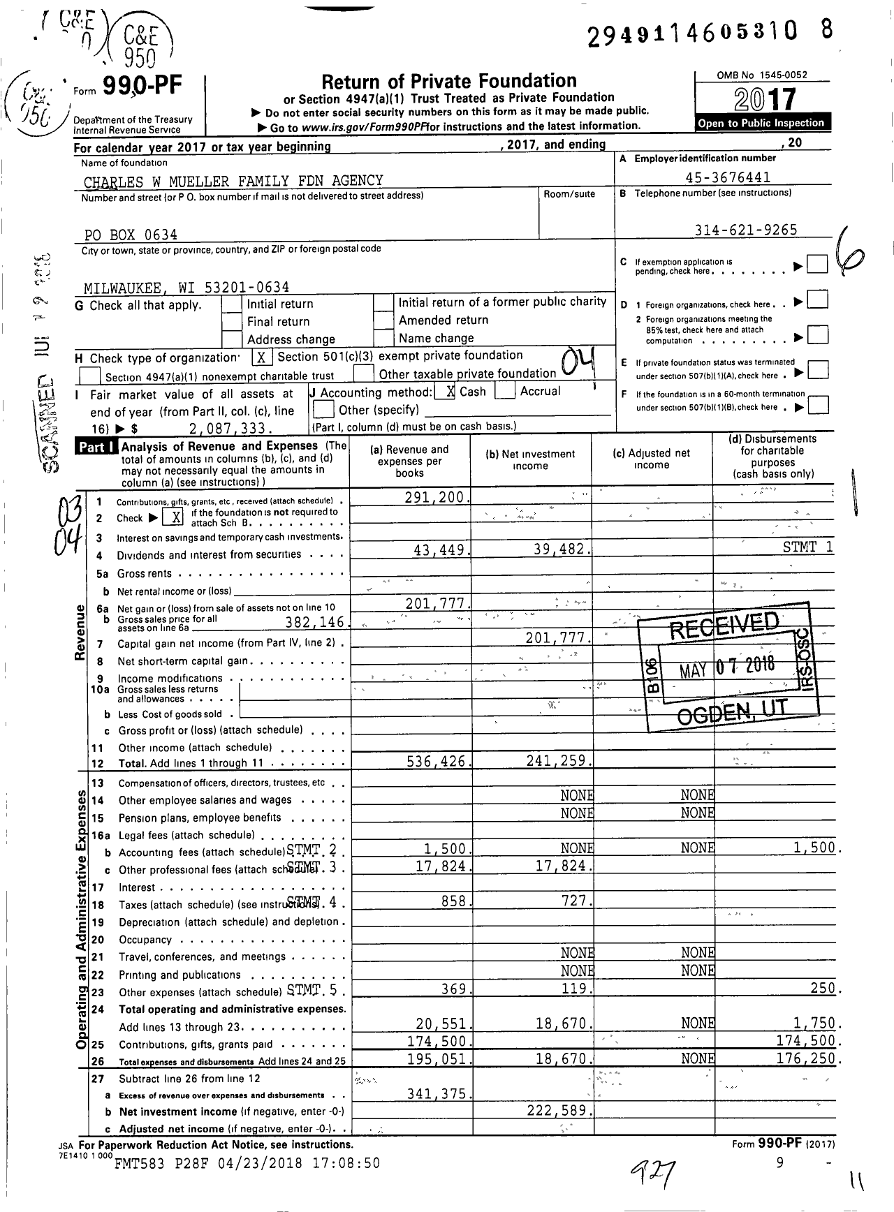 Image of first page of 2017 Form 990PF for Charles W Mueller Family Foundation Agency