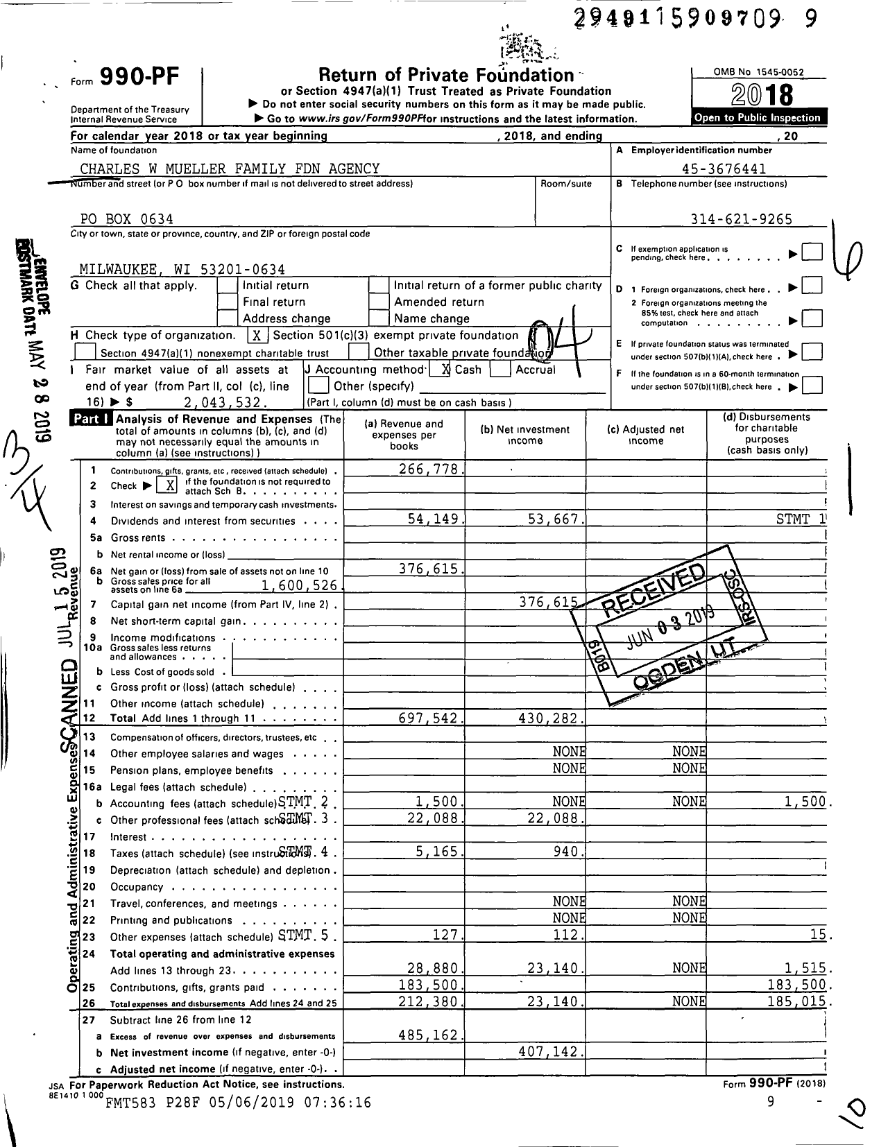 Image of first page of 2018 Form 990PF for Charles W Mueller Family Foundation Agency