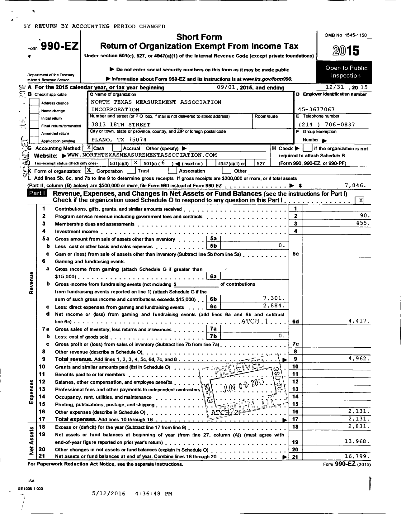 Image of first page of 2015 Form 990EO for North Texas Measurement Association
