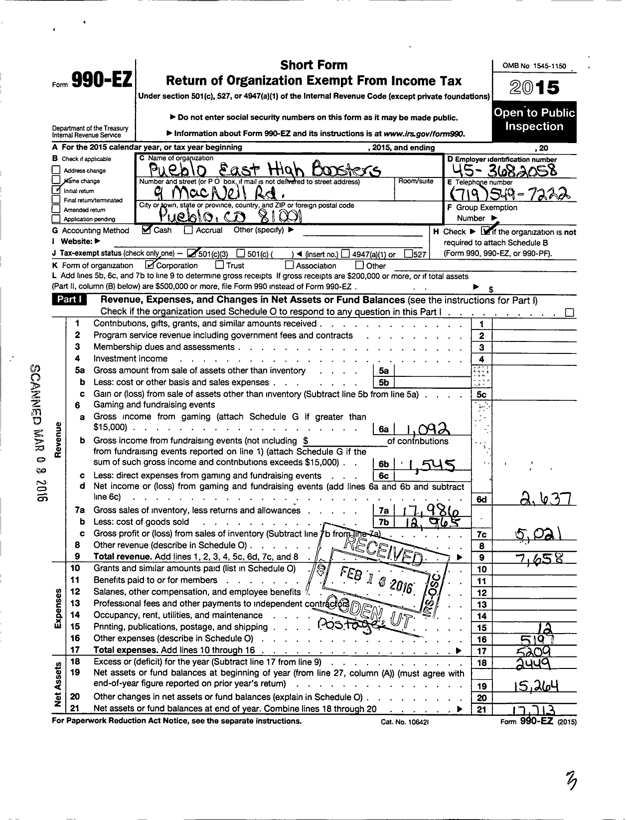 Image of first page of 2015 Form 990EZ for Pueblo East High Boosters