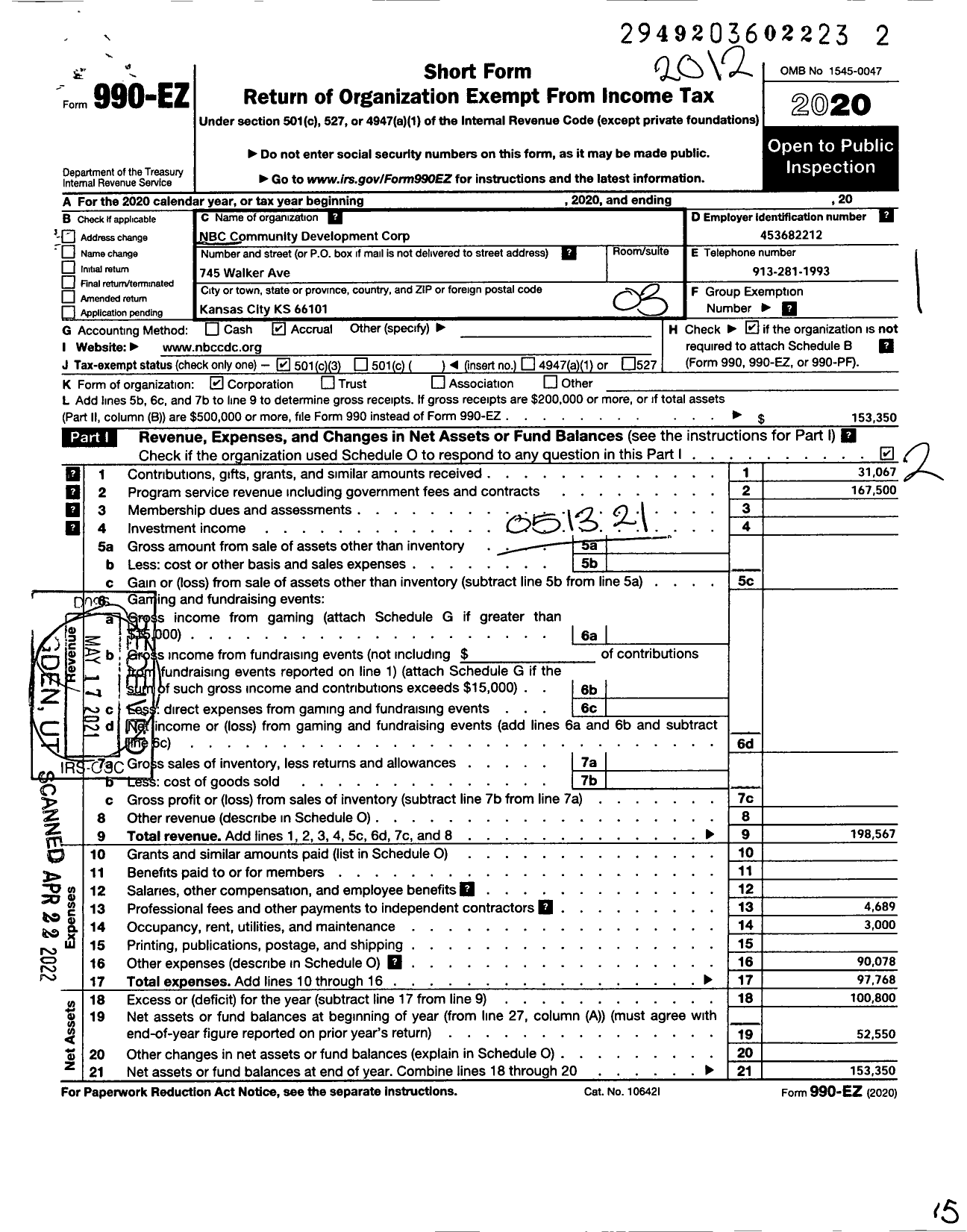 Image of first page of 2020 Form 990EZ for NBC Community Development Corporation