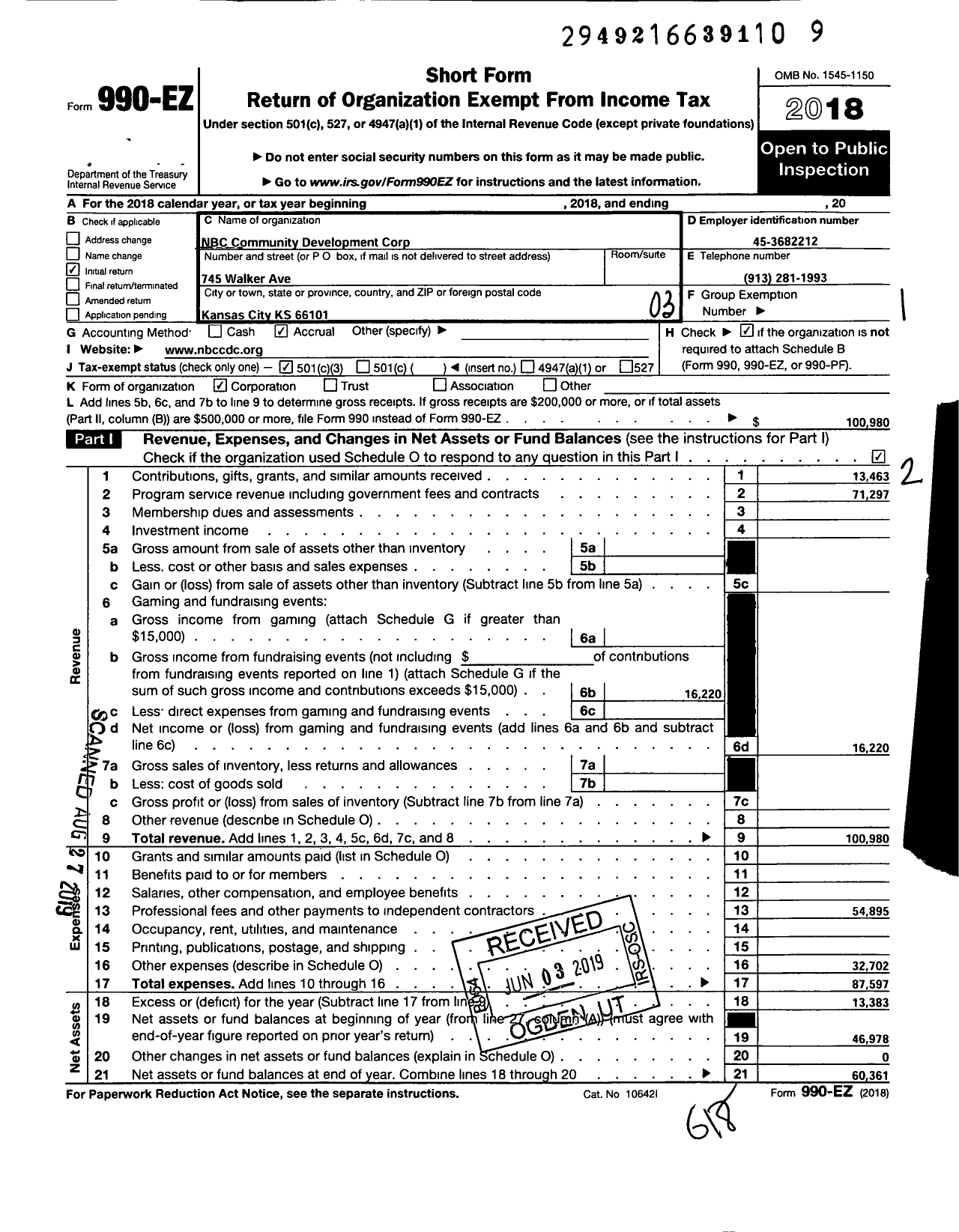 Image of first page of 2018 Form 990EZ for NBC Community Development Corporation