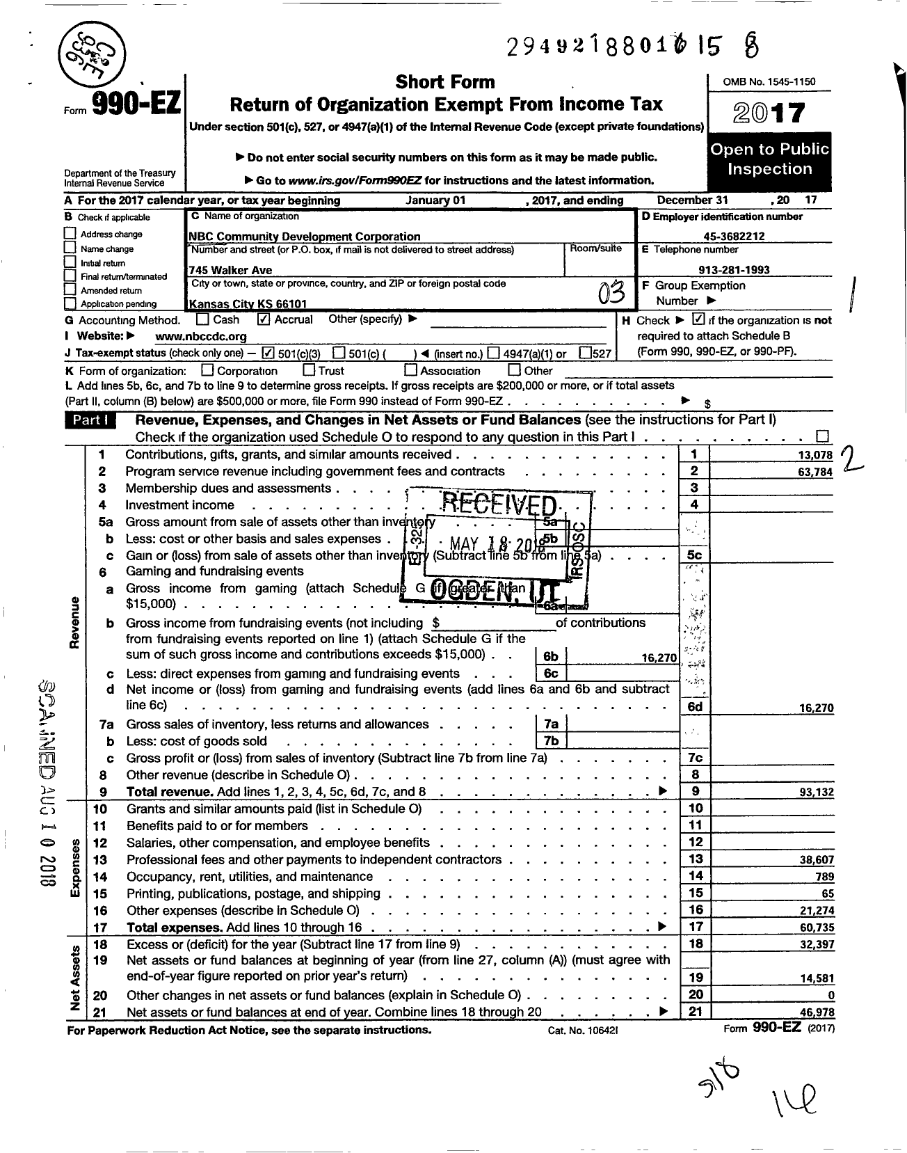 Image of first page of 2017 Form 990EZ for NBC Community Development Corporation