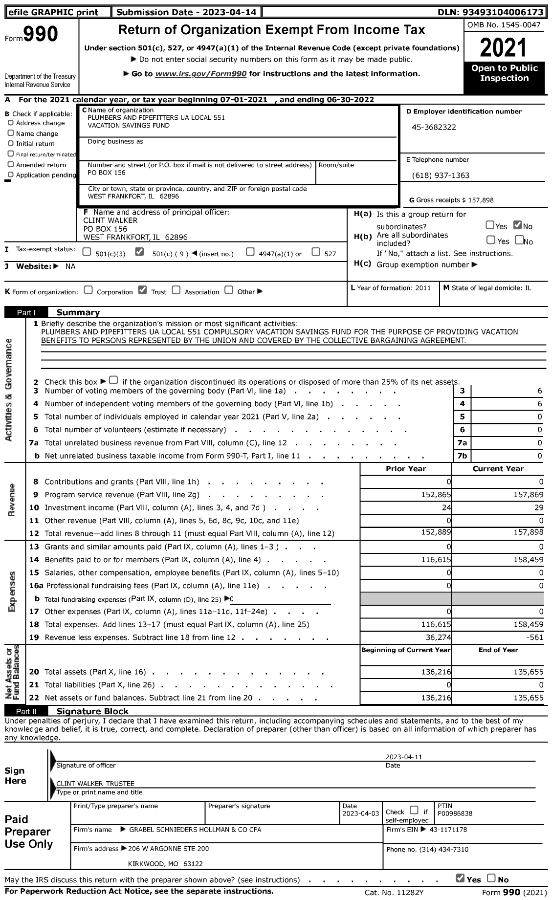 Image of first page of 2021 Form 990 for Plumbers and Pipefitters Local 551 Vacation Savings Fund