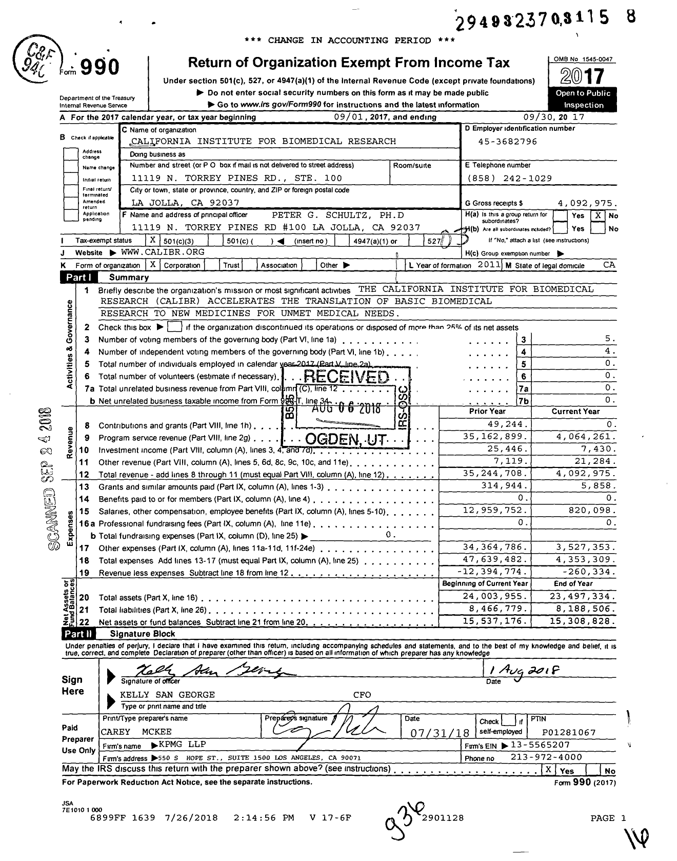 Image of first page of 2016 Form 990 for The California Institute for Biomedical Research (Calibr)