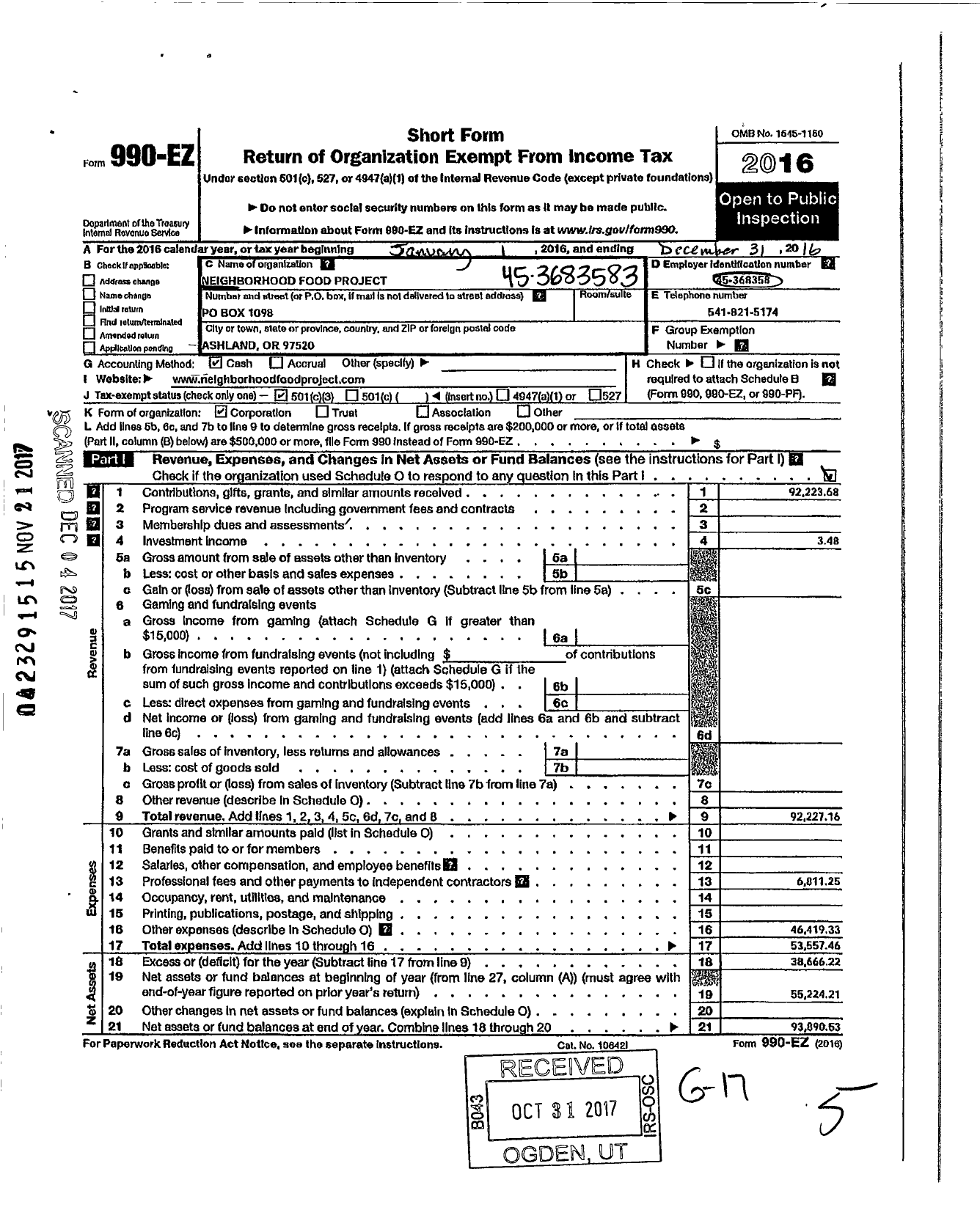 Image of first page of 2016 Form 990EZ for Neighborhood Food Project