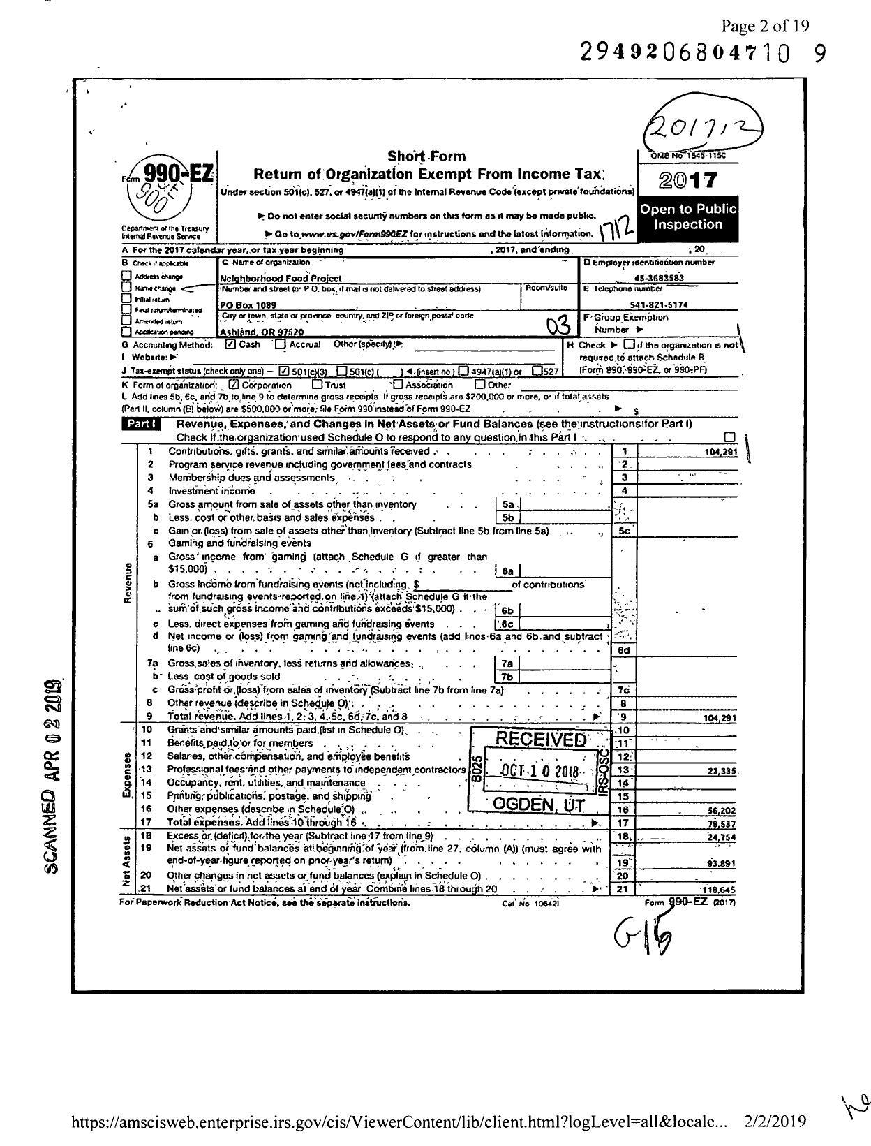 Image of first page of 2017 Form 990EZ for Neighborhood Food Project