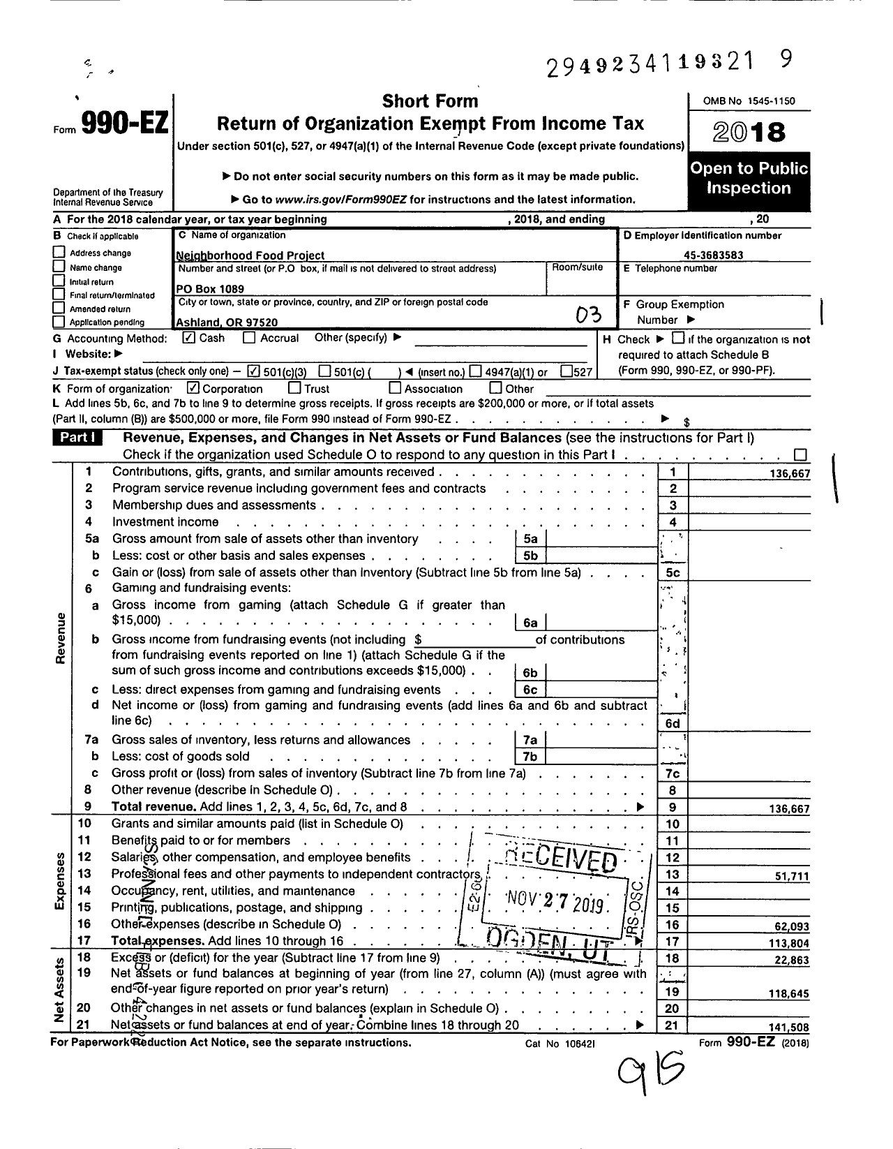 Image of first page of 2018 Form 990EZ for Neighborhood Food Project