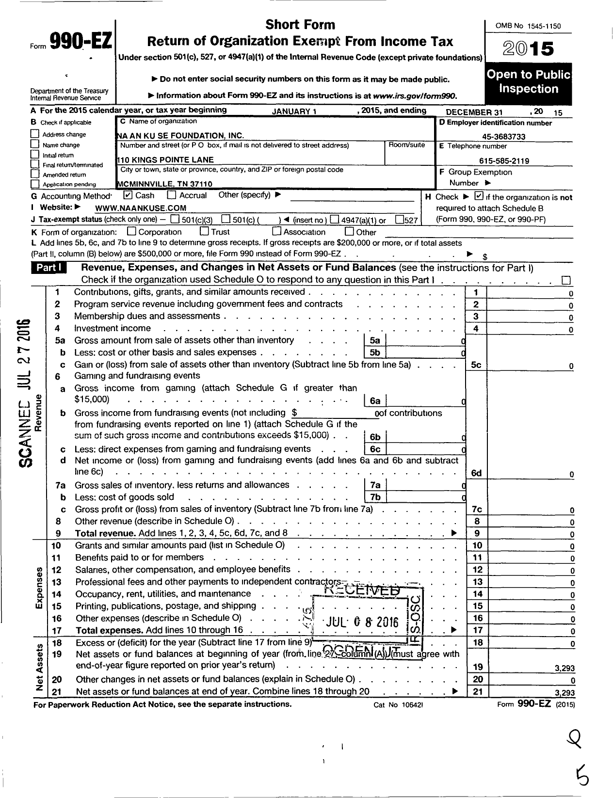 Image of first page of 2015 Form 990EO for Na An Ku Se Foundation